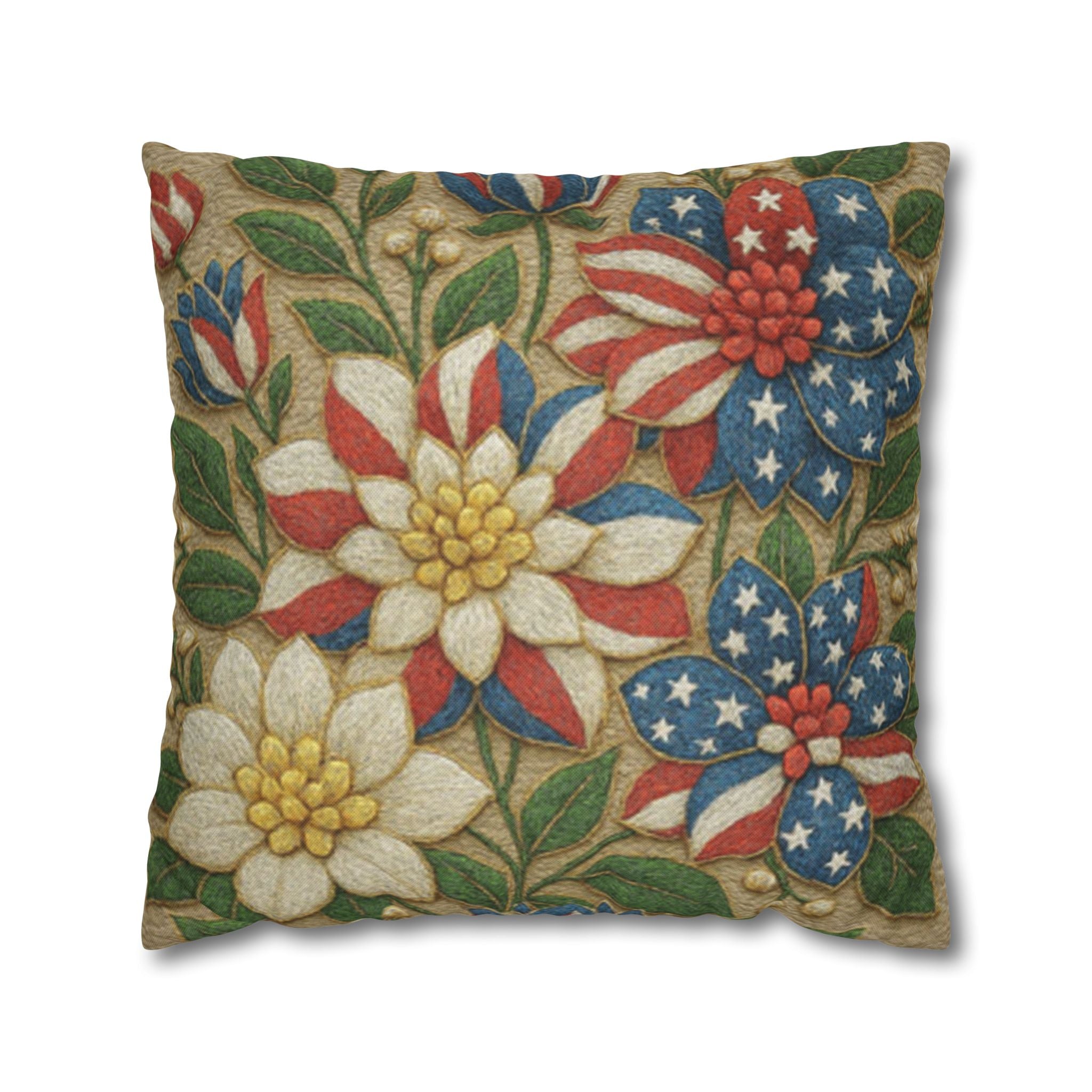 Patriotic Floral Pillowcase | Red White Blue Bouquet Cushion Cover | 4th of July Decor