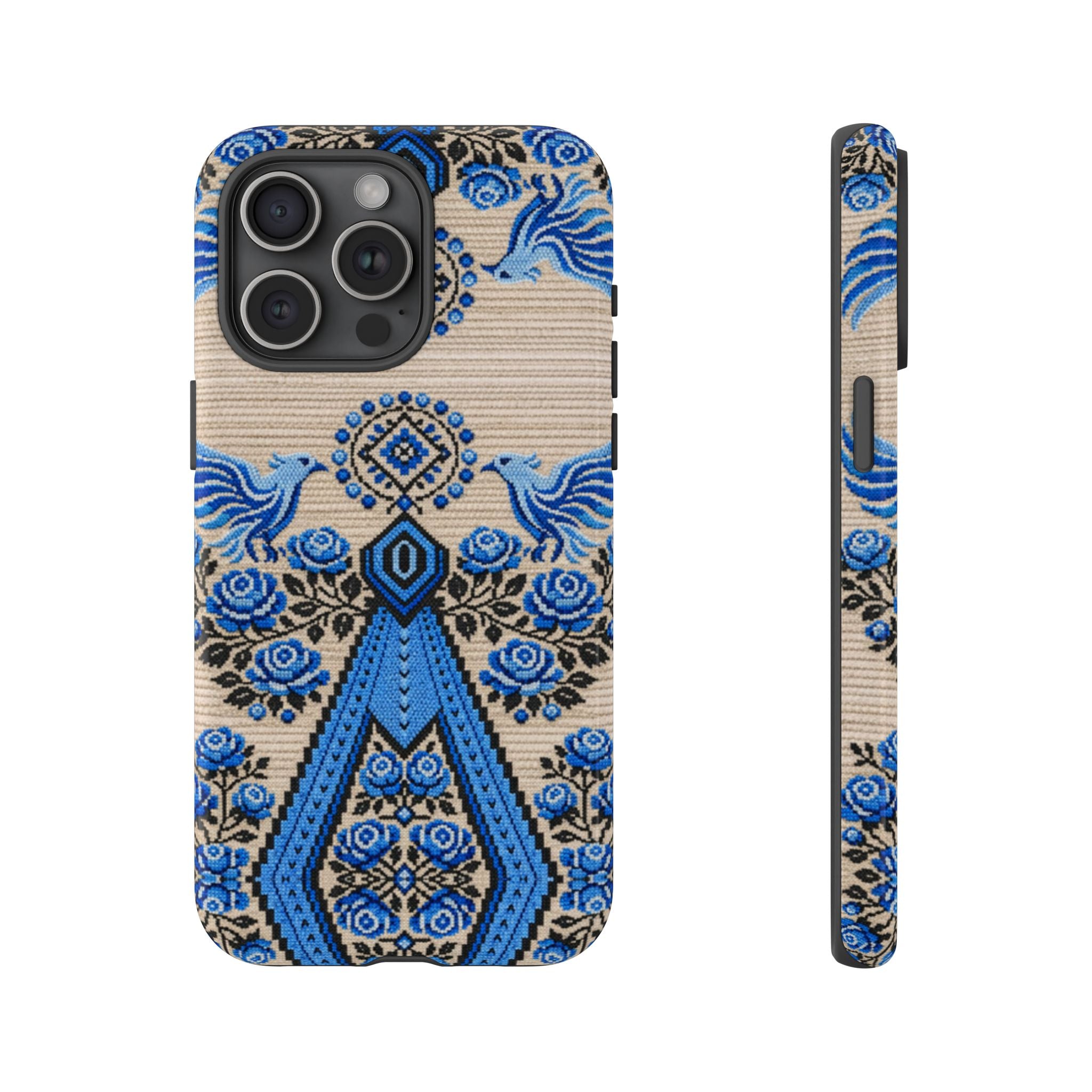 Ukrainian Phone Case  Blue Black Berehynia Design, Falcons & Roses Folk Art, Slavic Embroidery Style Protective Cover