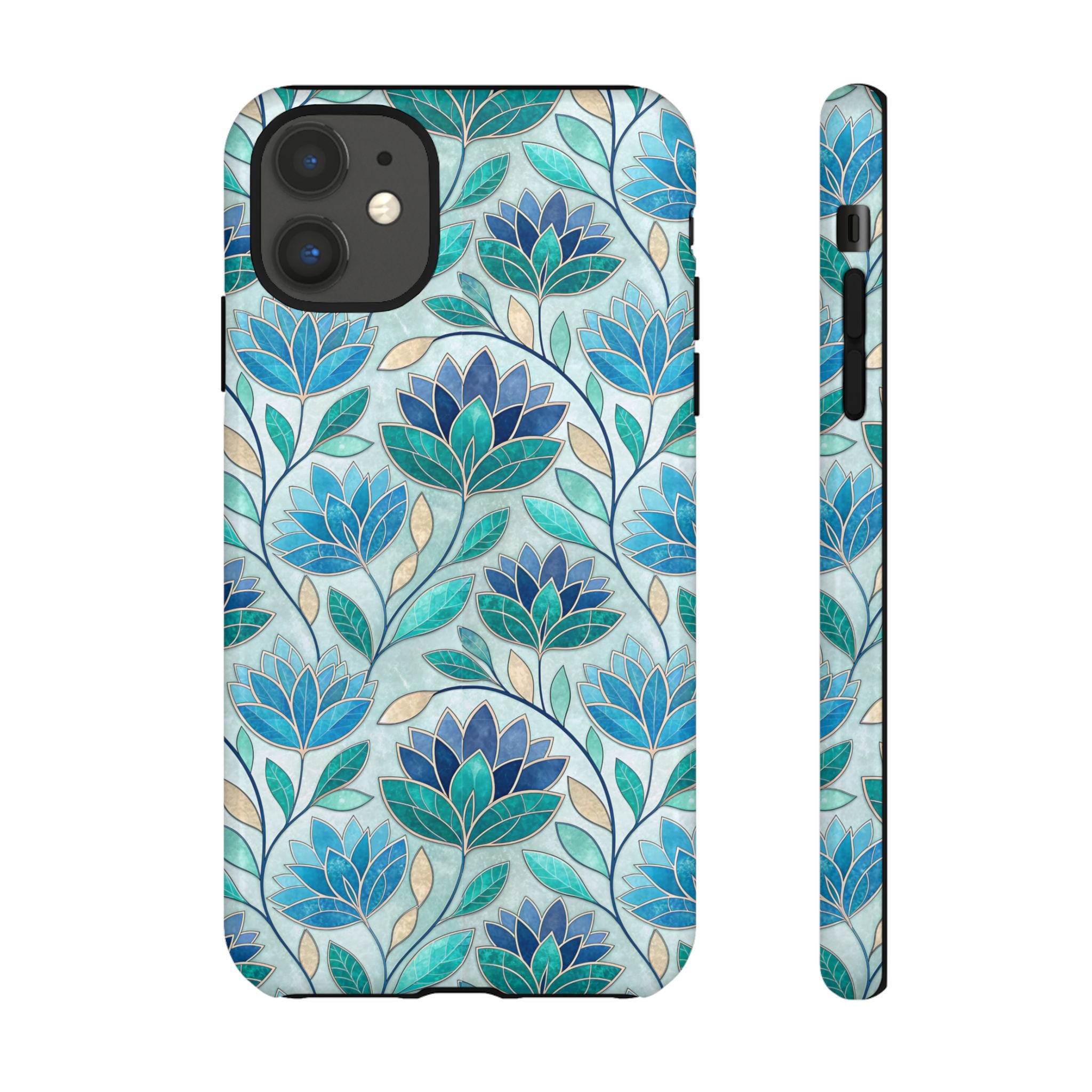 Mosaic iPhone Case, Stained Glass Floral Phone Cover, Teal Blue Protective Case, Matte Glossy Options, Artistic Mosaic Pattern