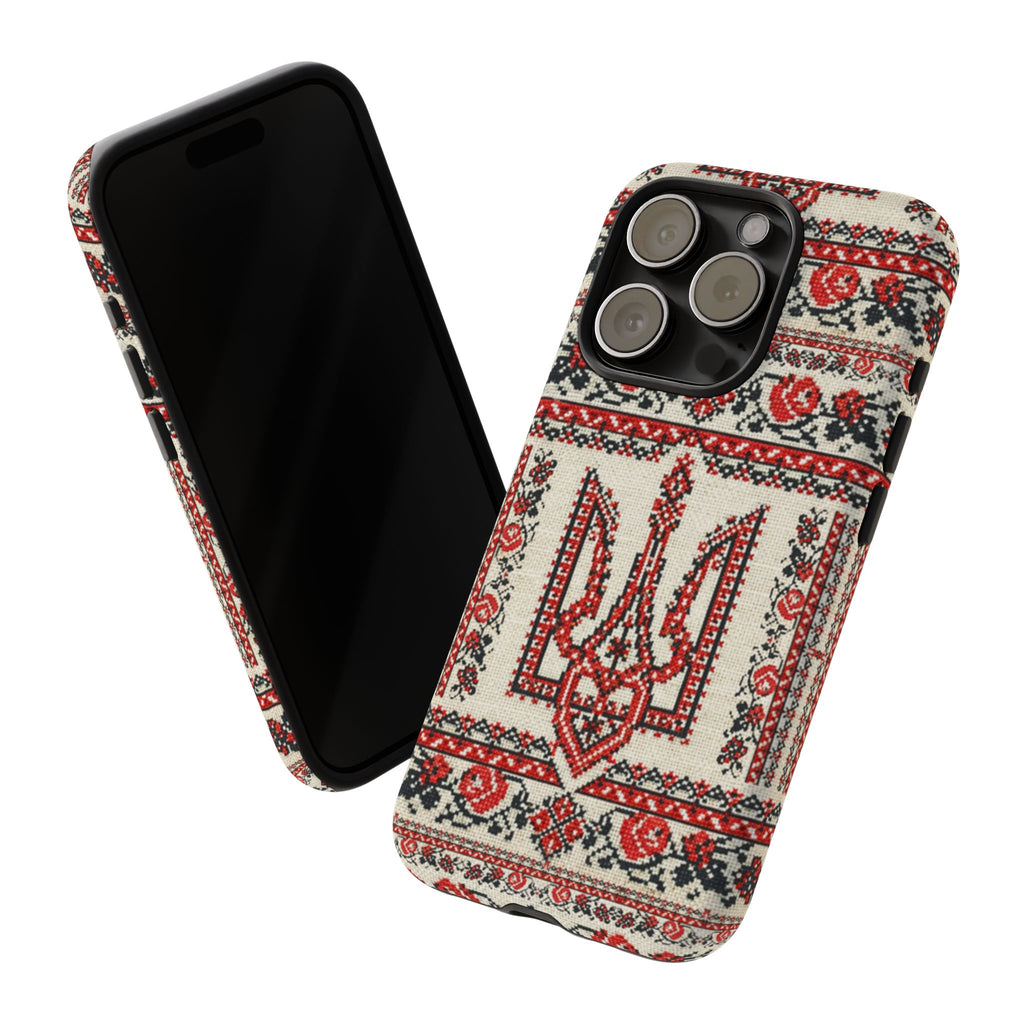 Ukrainian Trident Embroidery Phone Case • Red Black Trident Pattern • Protective Folk Art Cover for iPhone & Samsung