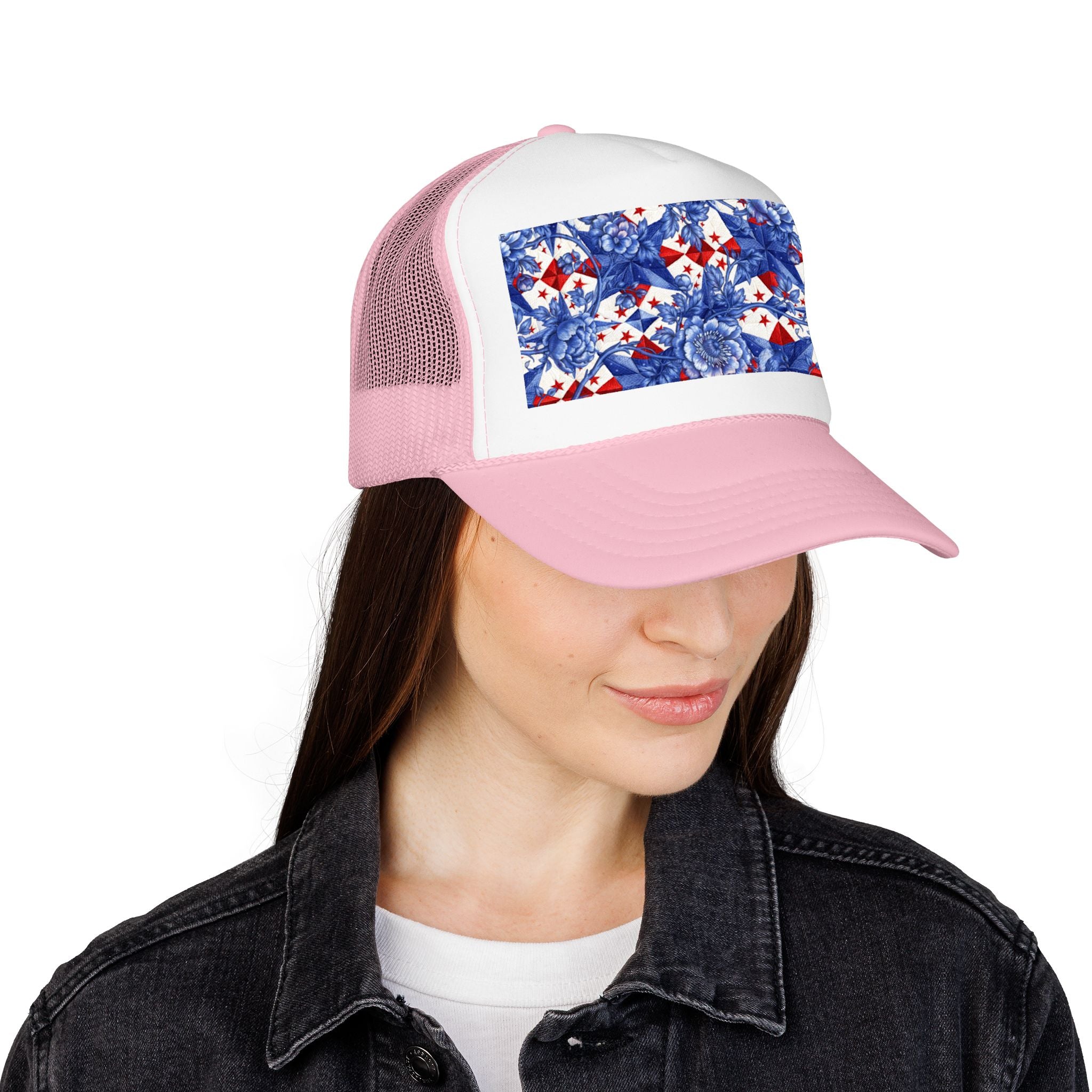America 250th Anniversary Trucker Hat | Patriotic Toile Floral & Stars | BLUESKYDEZIGN