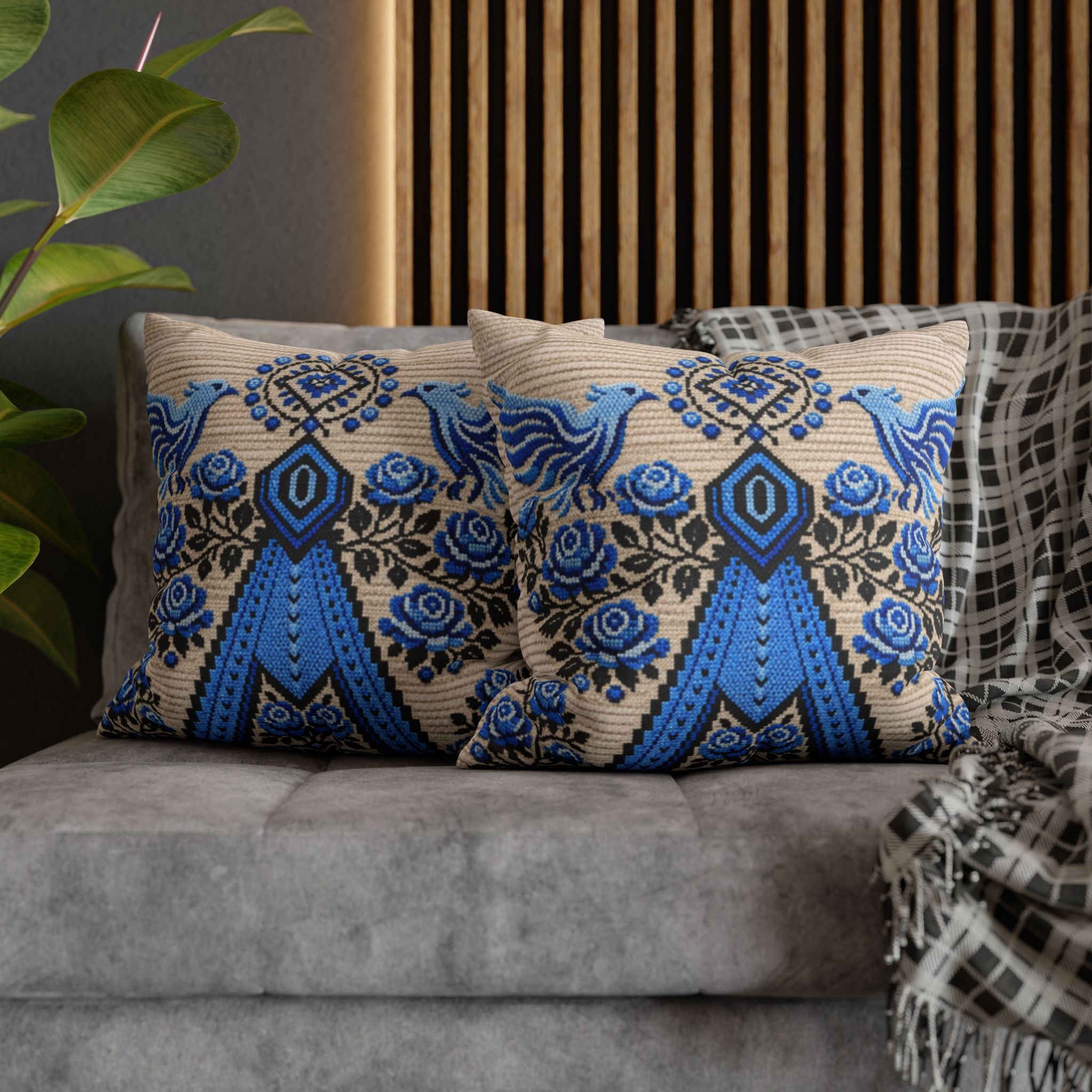 Ukrainian Berehynia throw pillow with blue black folk art pattern on sofa
