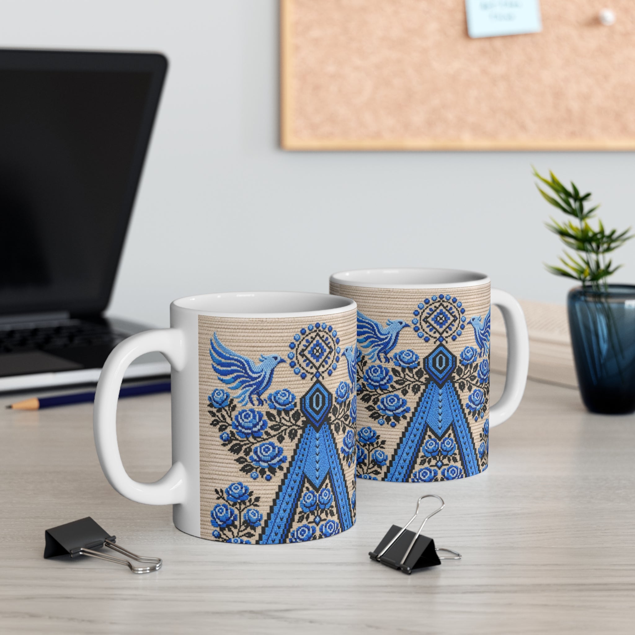 Ukrainian Berehynia mug with blue black folk art geometric pattern
