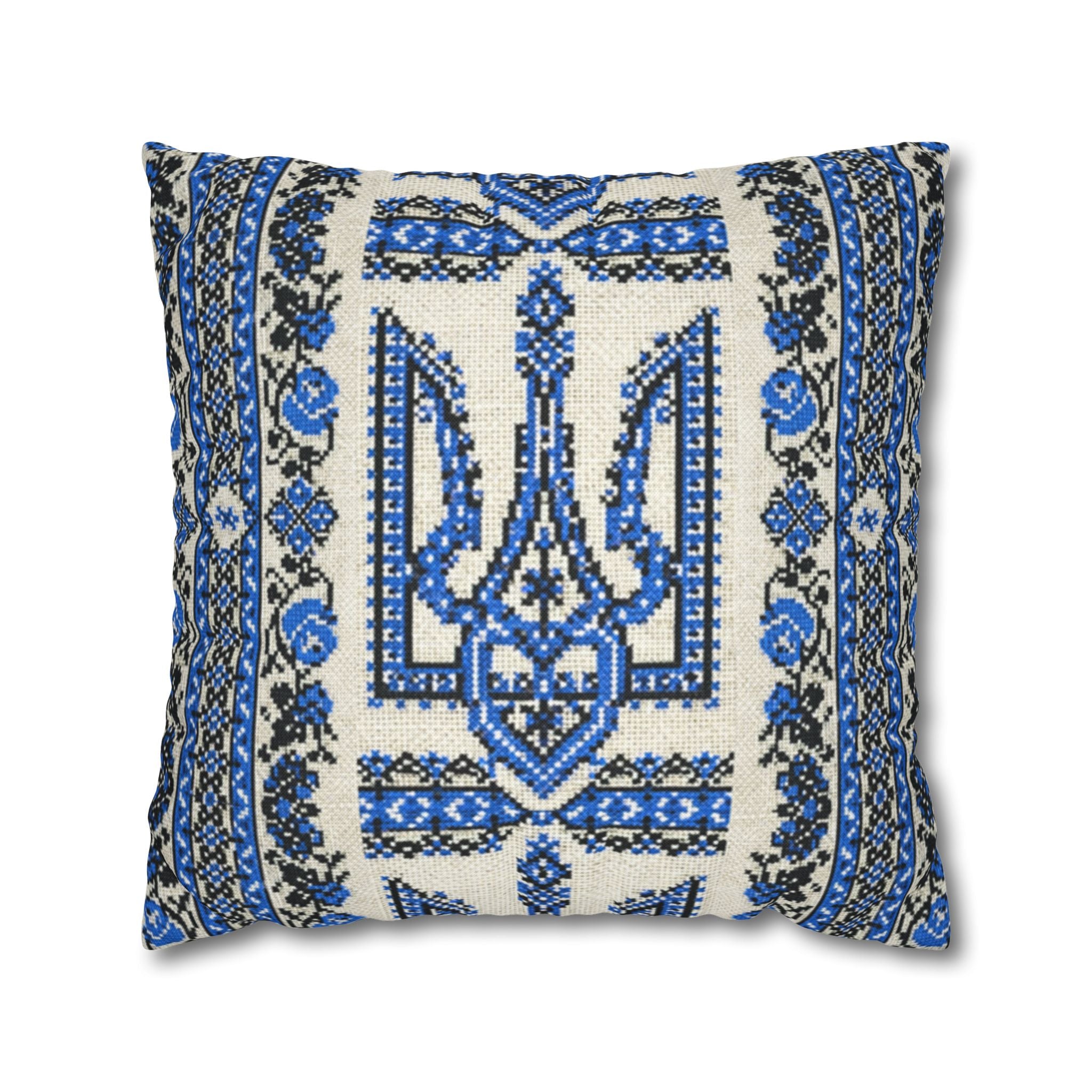 Ukrainian Trident Blue Pillow Cover | Tryzub Folk Decor | Artist-Designed
