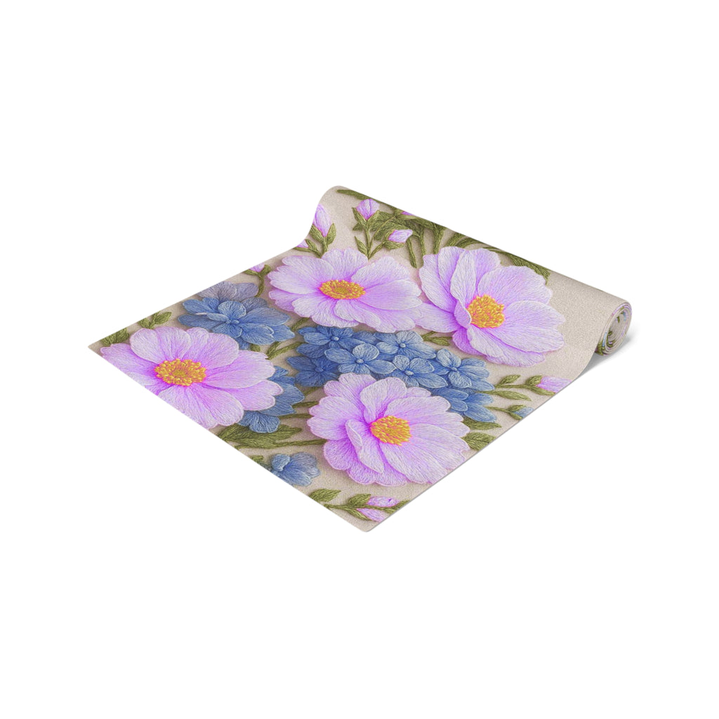Pink Cosmos and Blue Hydrangea Table Runner, Floral Table Decor, Alexandra Bloom Collection, Cotton Twill or Polyester Dining Runner