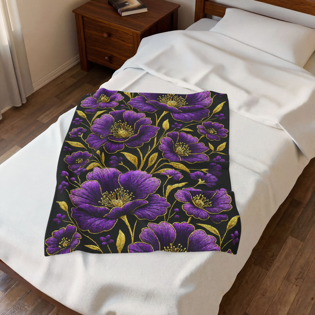 Petrykivka Bloom Blanket | Purple Poppy Floral Plush Throw | Moody Gold Embroidered Look Velveteen Cozy Blanket