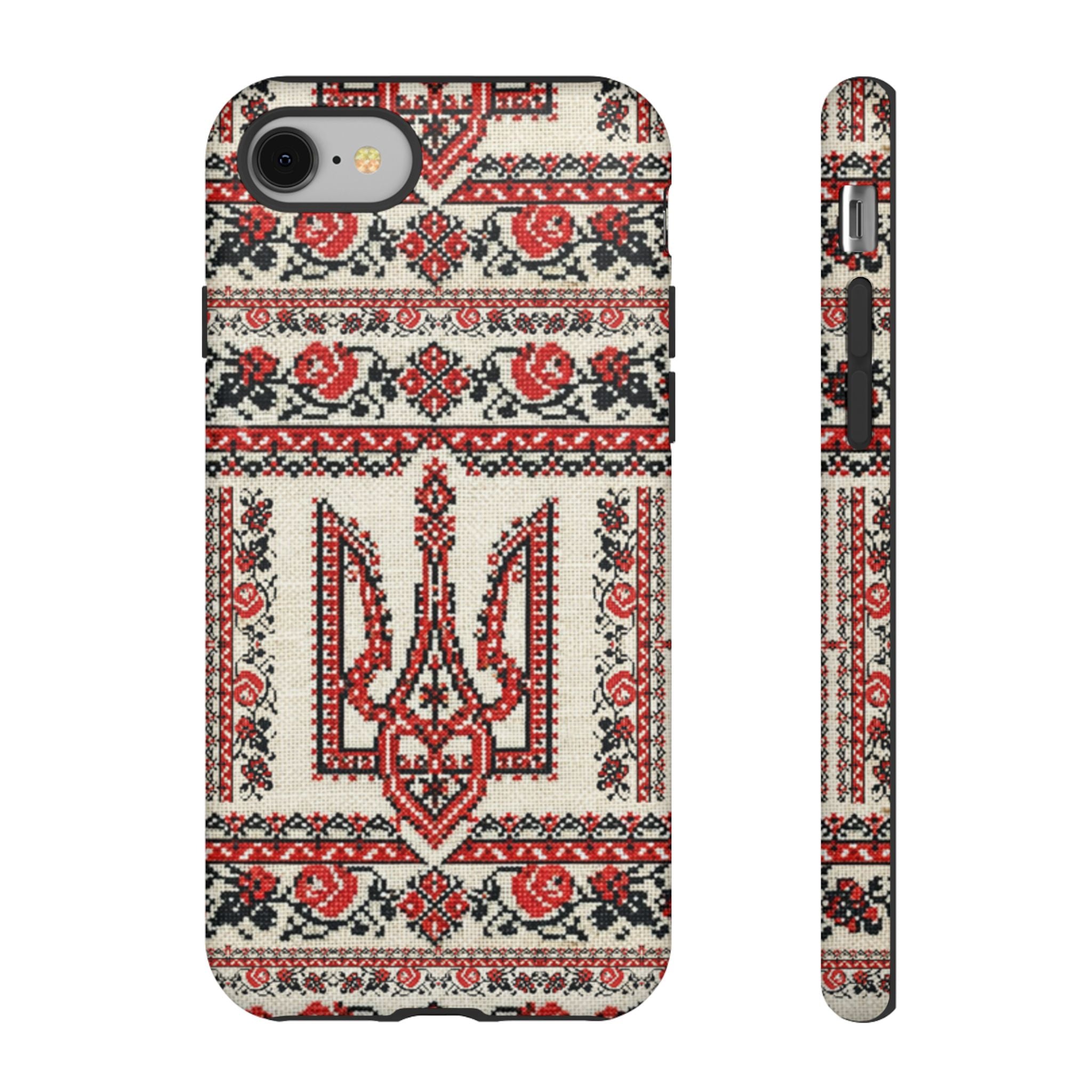 Ukrainian Tryzub phone case with red black embroidered folk pattern
