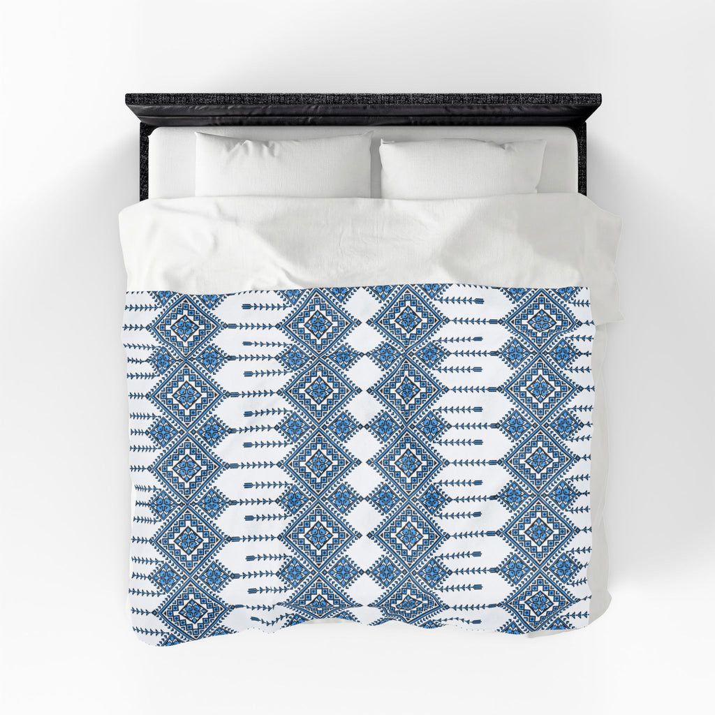 Velvet Plush Blanket with Traditional Ukrainian Pattern, Soft Cozy Throw in 3 Sizes, Blue Black Ethnic Design Home Decor