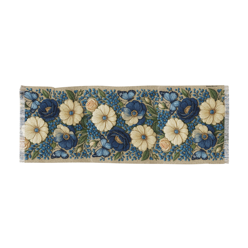 Wild Beauty Floral Scarf – Blue & Cream Botanical Shawl Wrap