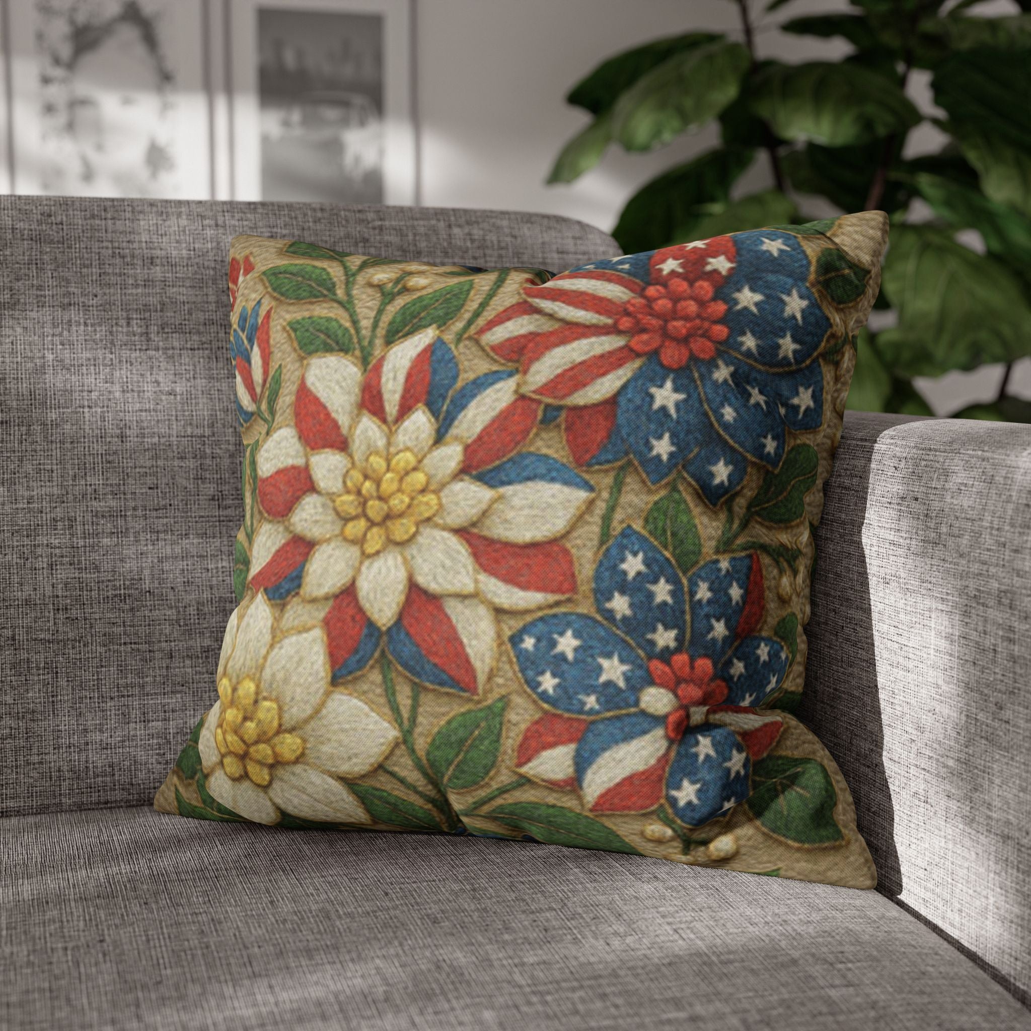 Patriotic Floral Pillowcase | Red White Blue Bouquet Cushion Cover | 4th of July Decor