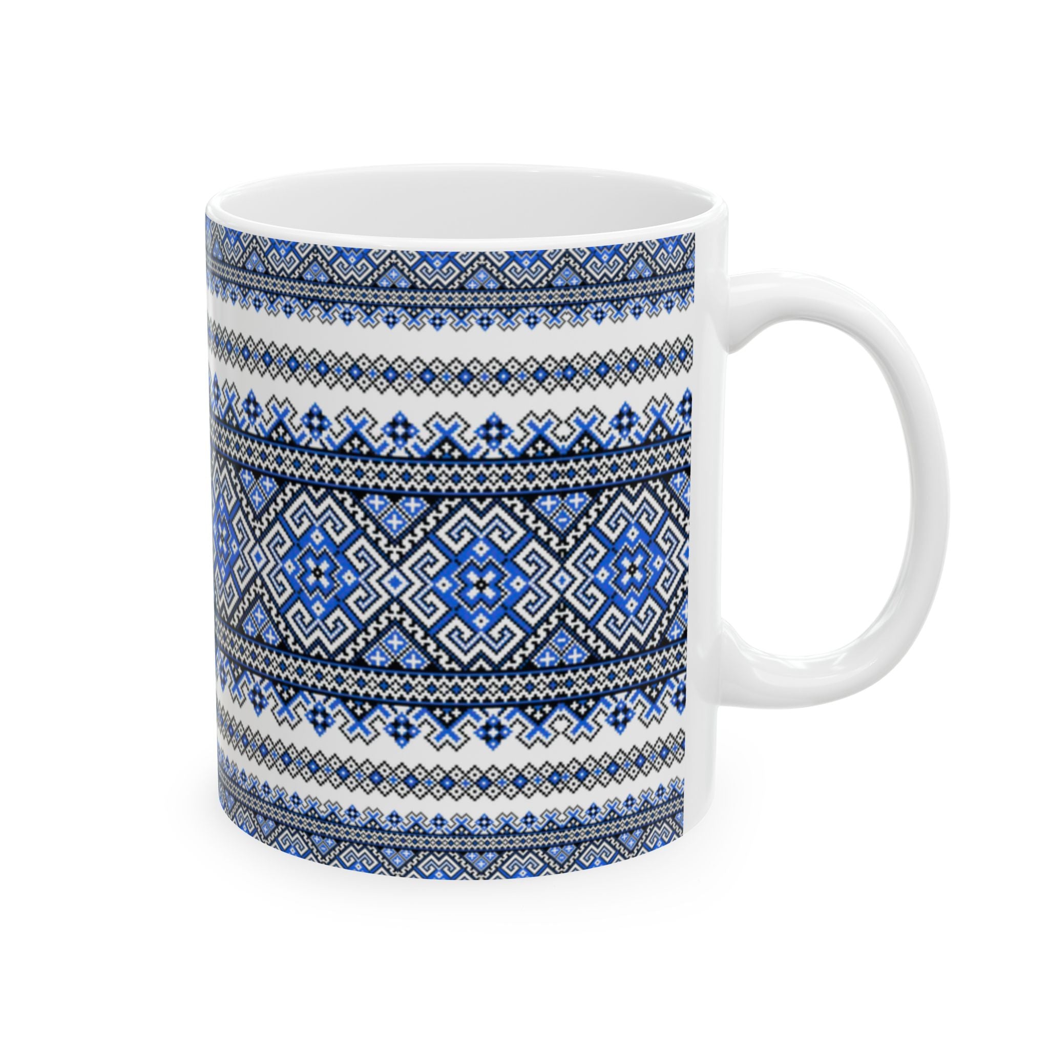 Ukrainian Embroidery Mug, Blue Black Folk Pattern Cup, Traditional Slavic Ceramic Coffee Tea Mug 11 oz