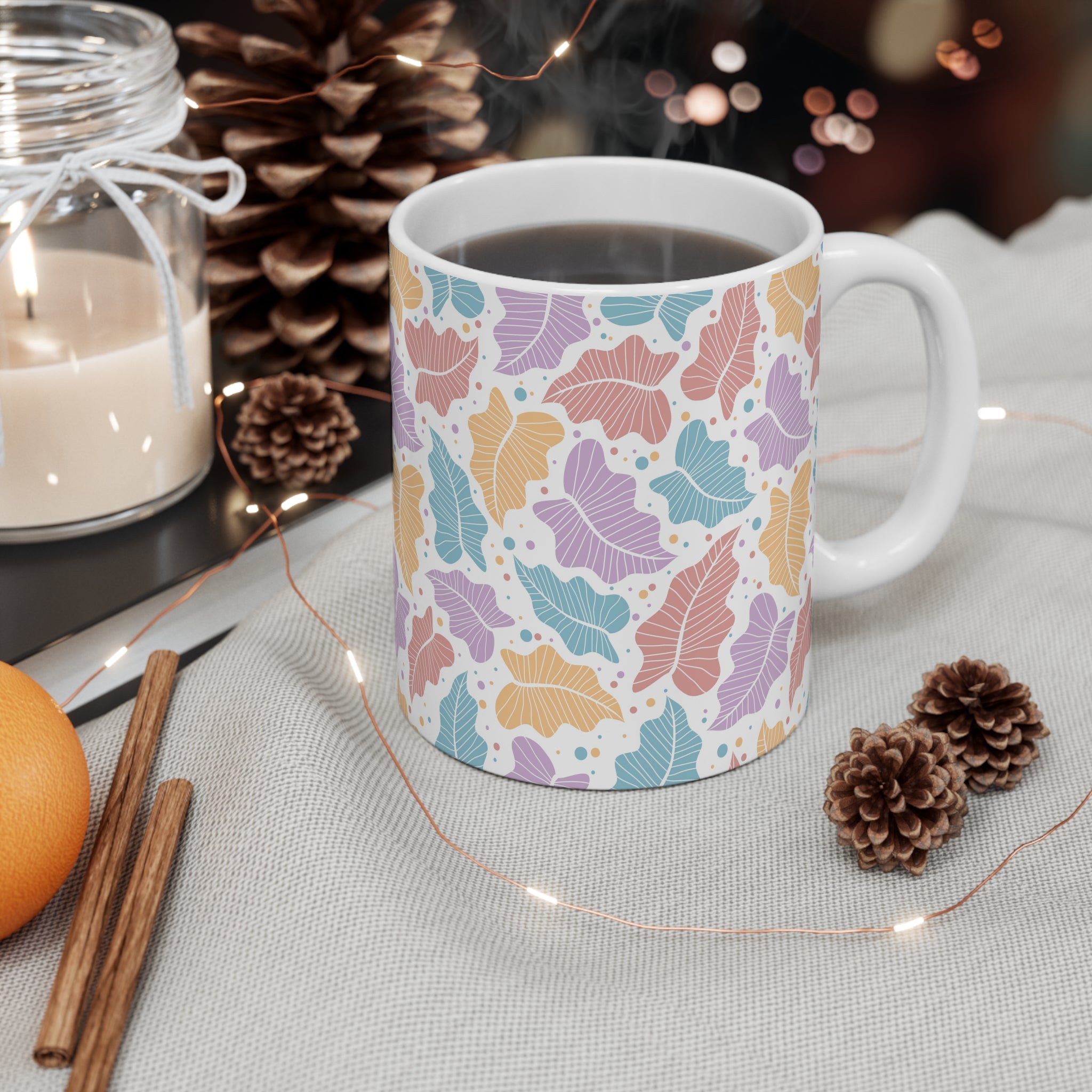 Pastel Leaf Pattern Mug, Colorful Botanical Ceramic Coffee Cup, Home Decor, Gift for parents,  bedroom, housewarming, cottage core,11oz Mug