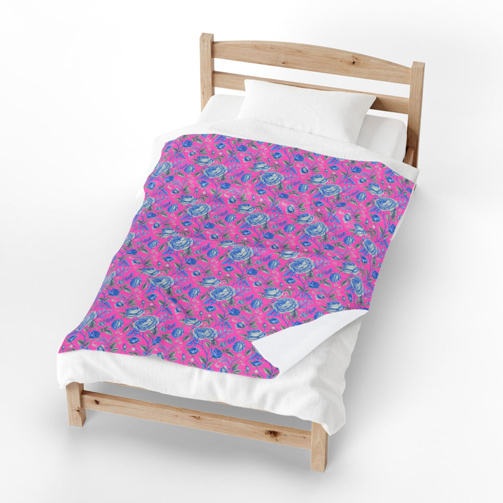 Pink & Blue Floral Velveteen Throw Blanket | Soft Plush Cozy Bedding