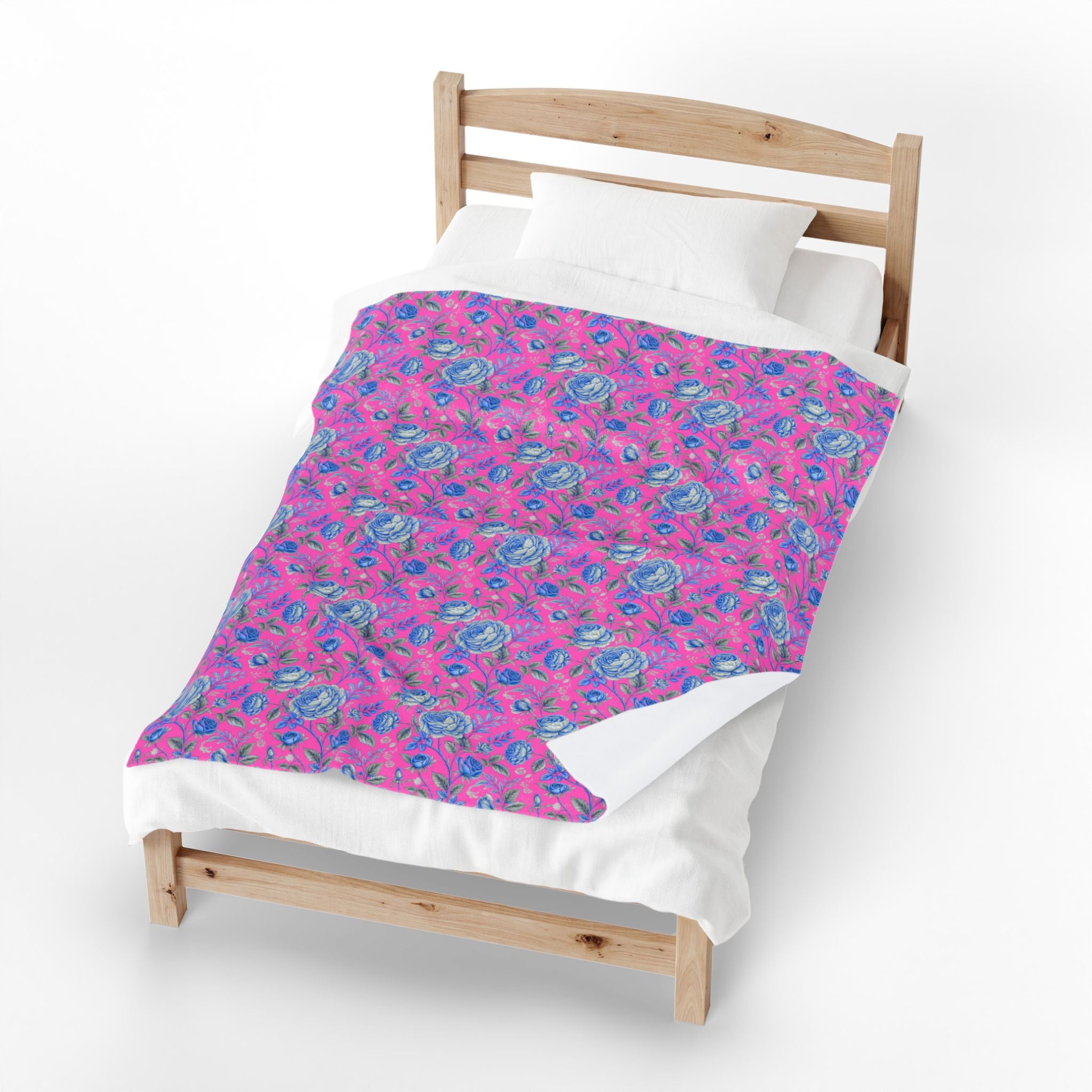 Pink & Blue Floral Velveteen Throw Blanket | Soft Plush Cozy Bedding