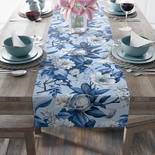 Blue floral watercolor table runner with soft indigo botanical print on a dining table, 16x72 inch Cotton Twill, vintage elegant dining decor