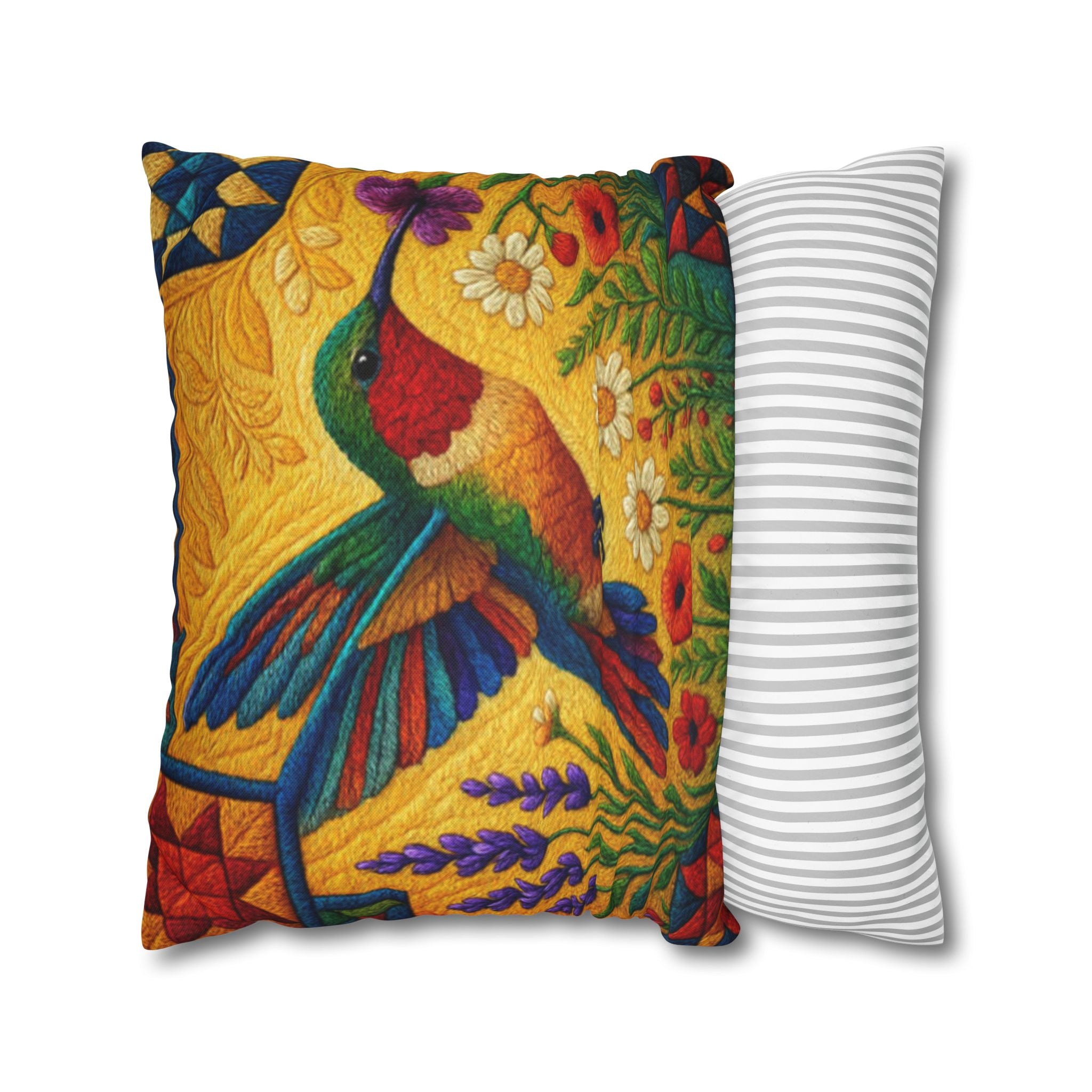 BLUESKYDEZIGN | Hummingbird Pillowcase | Colorful Folk Art Floral Throw Cushion Cover | Nature Lover Home Gift