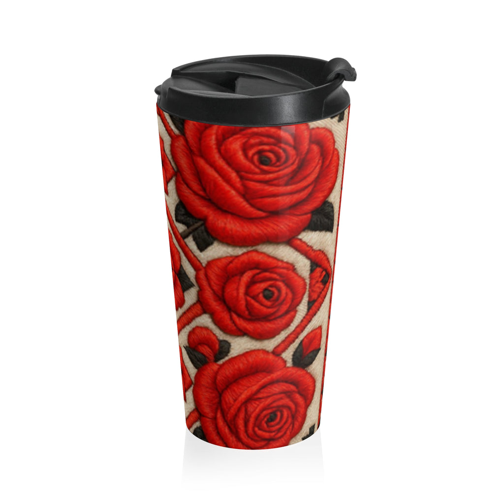 Vintage Red Rose Travel Mug, Stainless Steel Insulated Coffee Tumbler, Floral Folk Pattern Mug, Elegant Boho Rose Cute Gift for Her 15oz