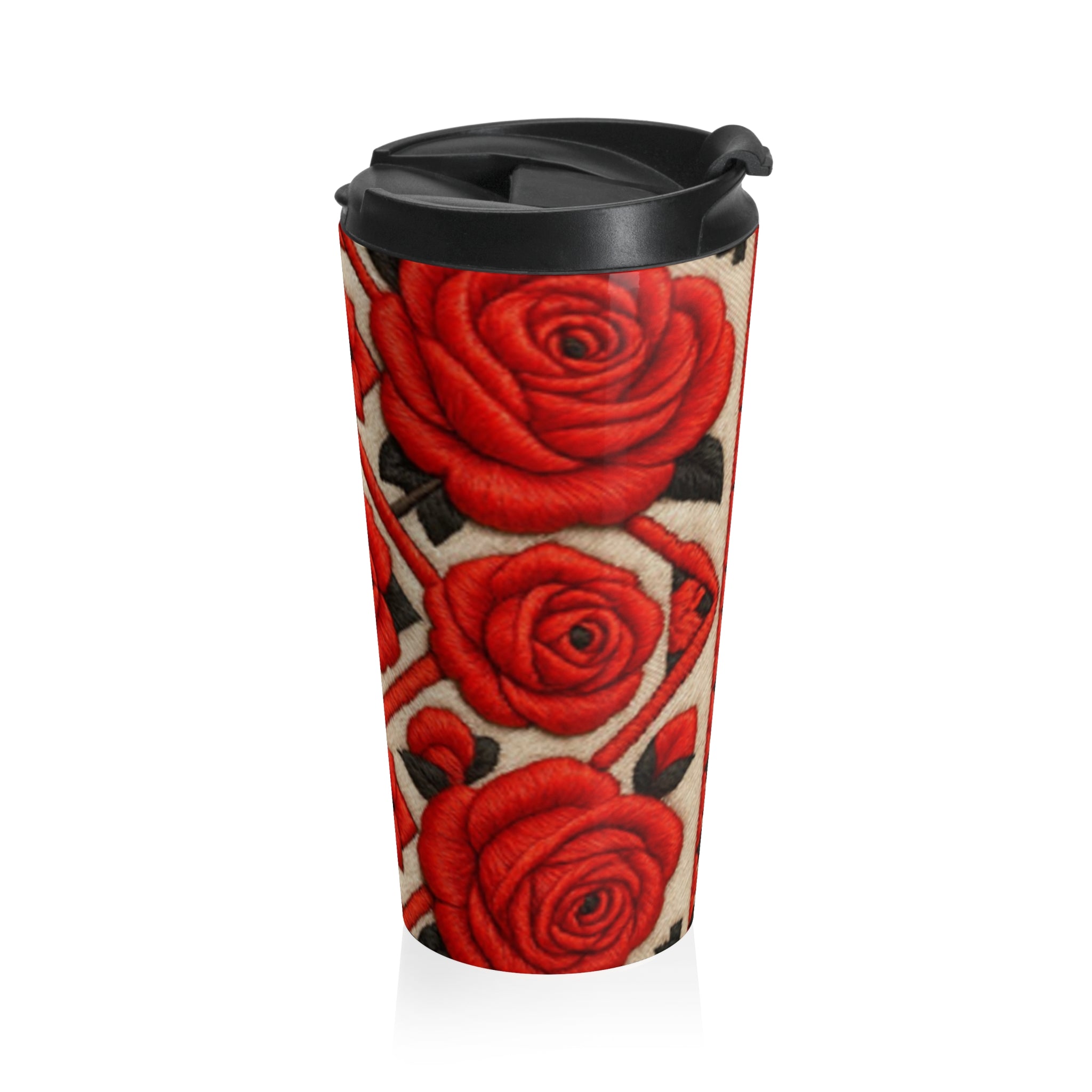 Vintage Red Rose Travel Mug, Stainless Steel Insulated Coffee Tumbler, Floral Folk Pattern Mug, Elegant Boho Rose Cute Gift for Her 15oz