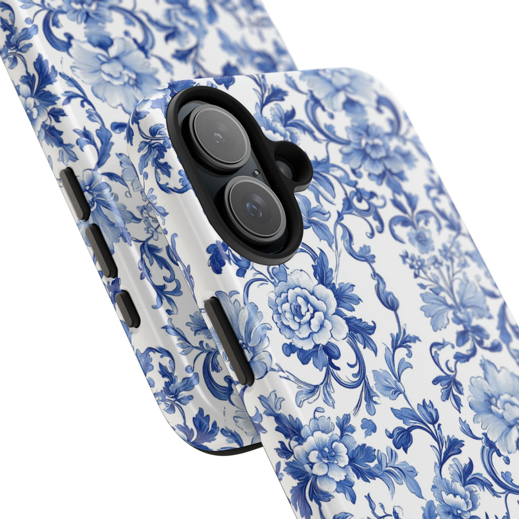Blue romantic toile phone case with vintage porcelain floral pattern — delicate blue and white Toile de Jouy motifs in full 3D wrap, dual-layer shockproof iPhone cover with UV-protected glossy finish

