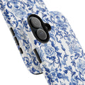 Blue romantic toile phone case with vintage porcelain floral pattern — delicate blue and white Toile de Jouy motifs in full 3D wrap, dual-layer shockproof iPhone cover with UV-protected glossy finish

