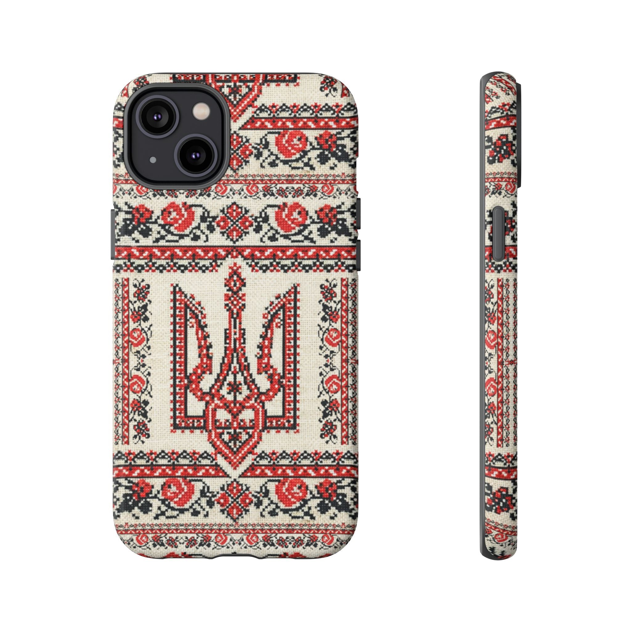 Ukrainian Trident Embroidery Phone Case • Red Black Trident Pattern • Protective Folk Art Cover for iPhone & Samsung