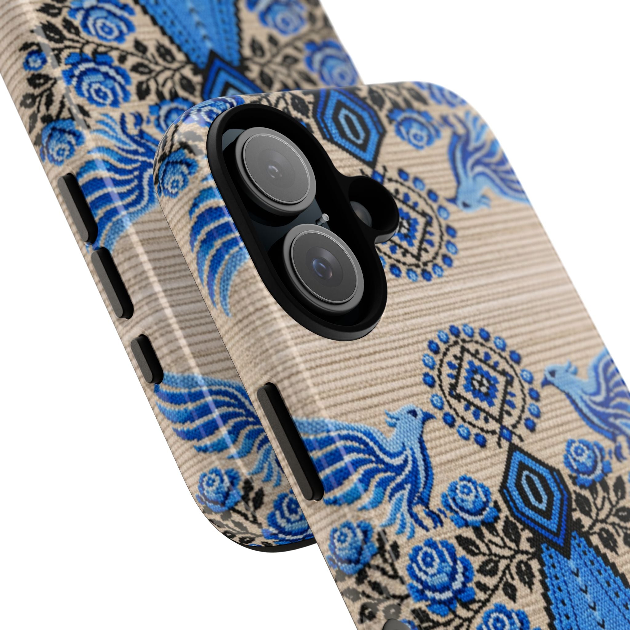 Ukrainian Berehynia phone case with blue black folk art pattern