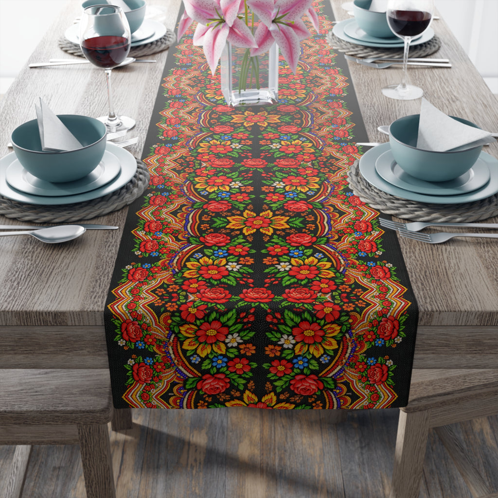 Mother's Bloom Floral Table Runner | Ukrainian Heritage Style Folk Art Decor | Vintage Slavic Flower Table Topper | Boho Farmhouse Kitchen Gift