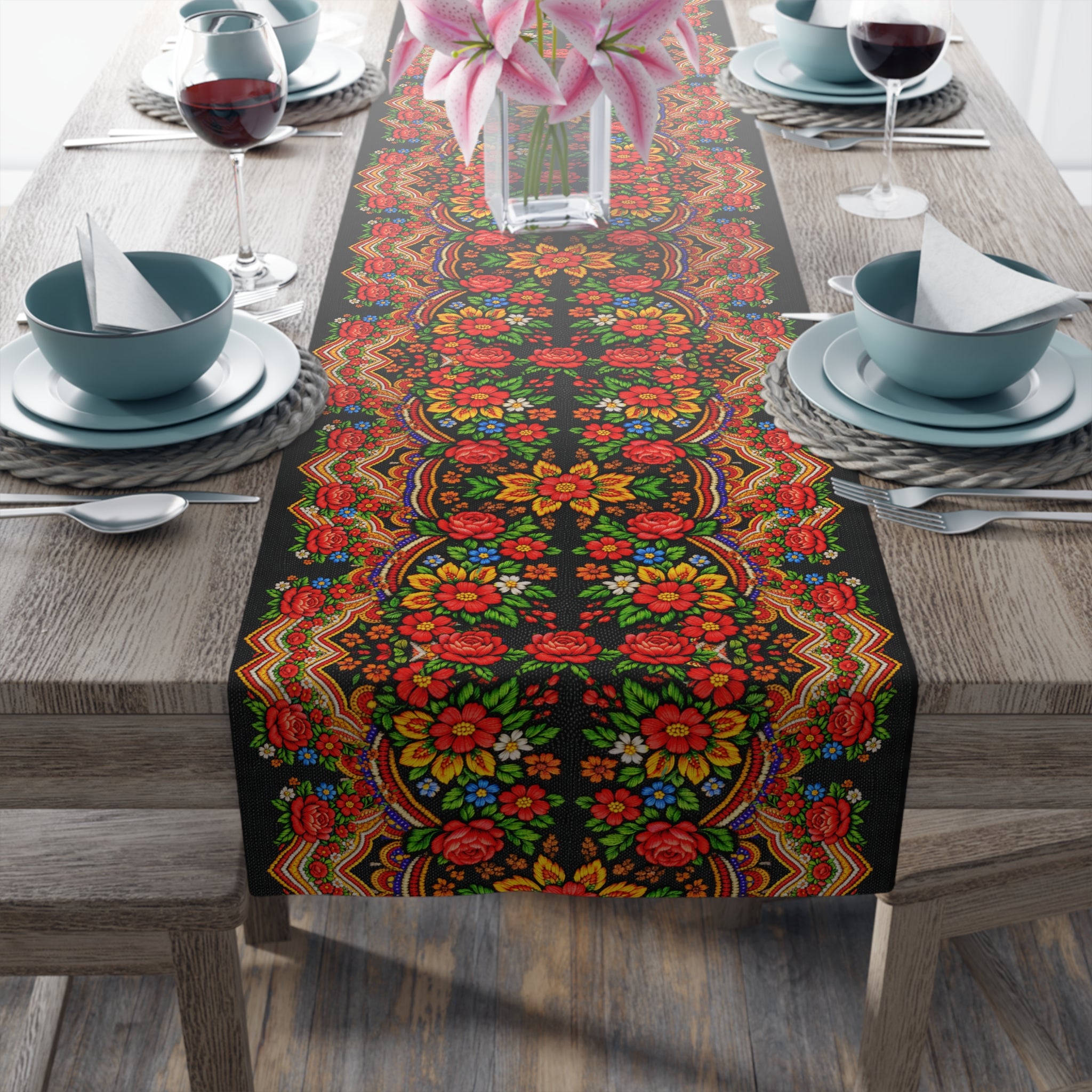 Mother's Bloom Floral Table Runner | Ukrainian Heritage Style Folk Art Decor | Vintage Slavic Flower Table Topper | Boho Farmhouse Kitchen Gift