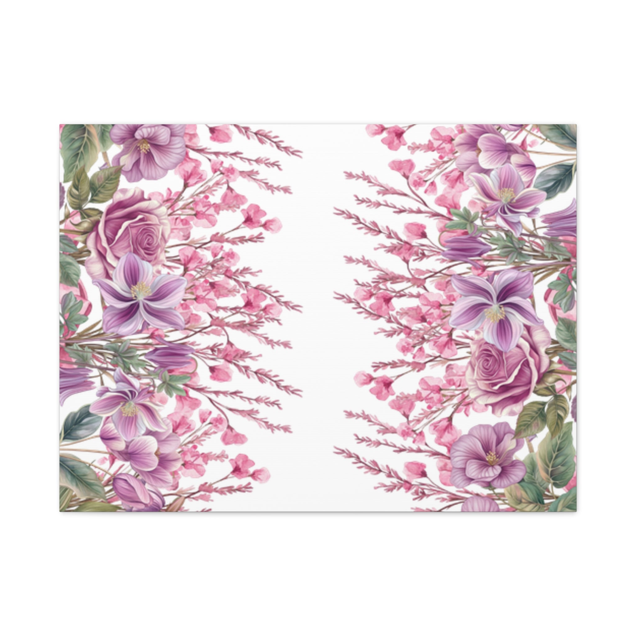 Floral Matte Canvas Wall Art, Pink Purple Botanical Print, Modern Symmetrical Flower Design, Stretched 1.25" Canvas Home Decor