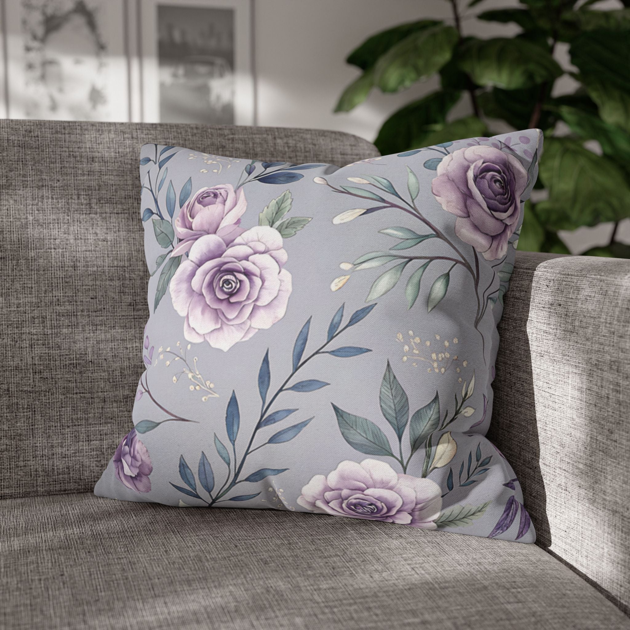 BLUESKYDEZIGN Purple Rose Floral Pillow Cover - Elegant Cottage Core Decor
