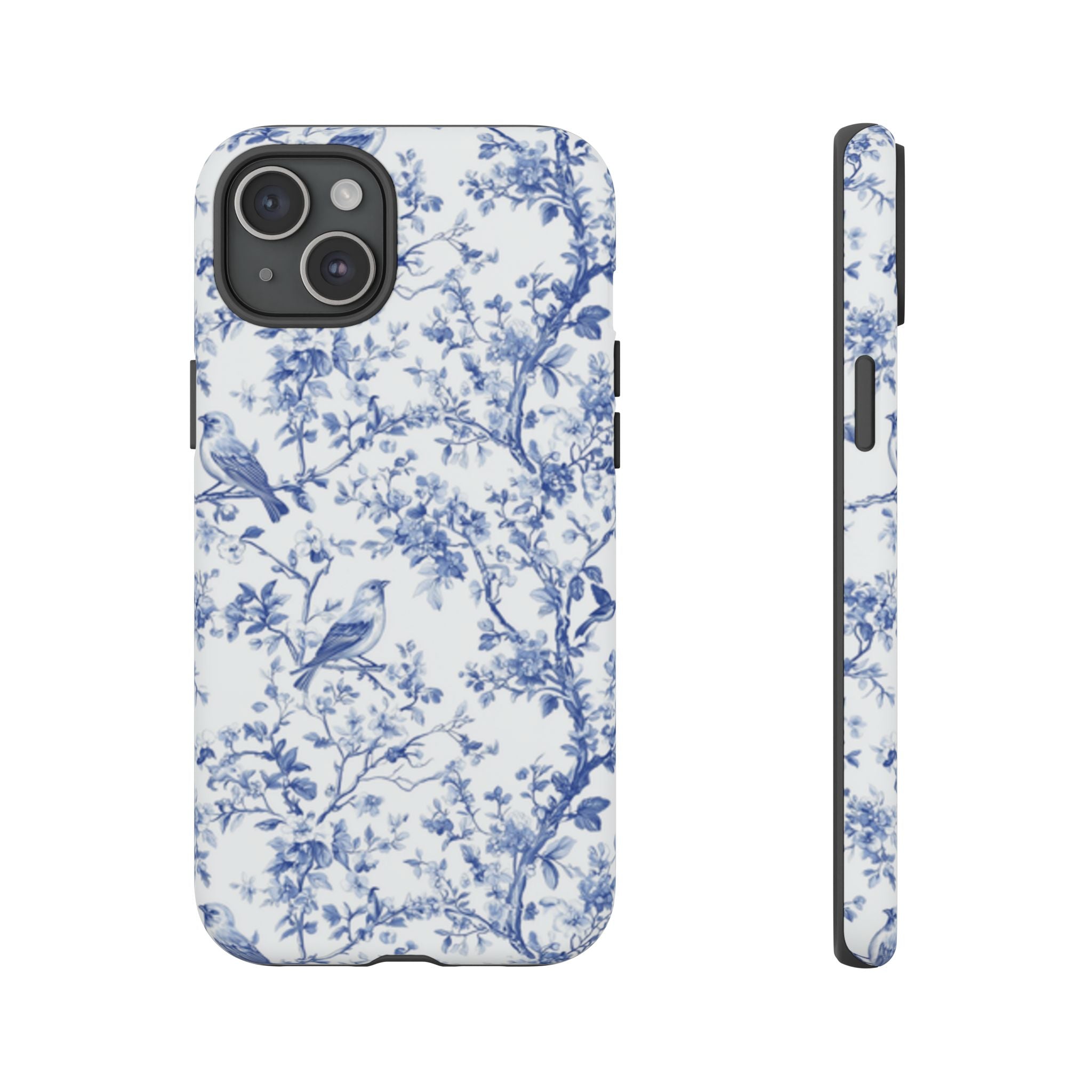 Blue Floral Vine Phone Case, Toile-inspired romantic floral Marbleized Branch Pattern