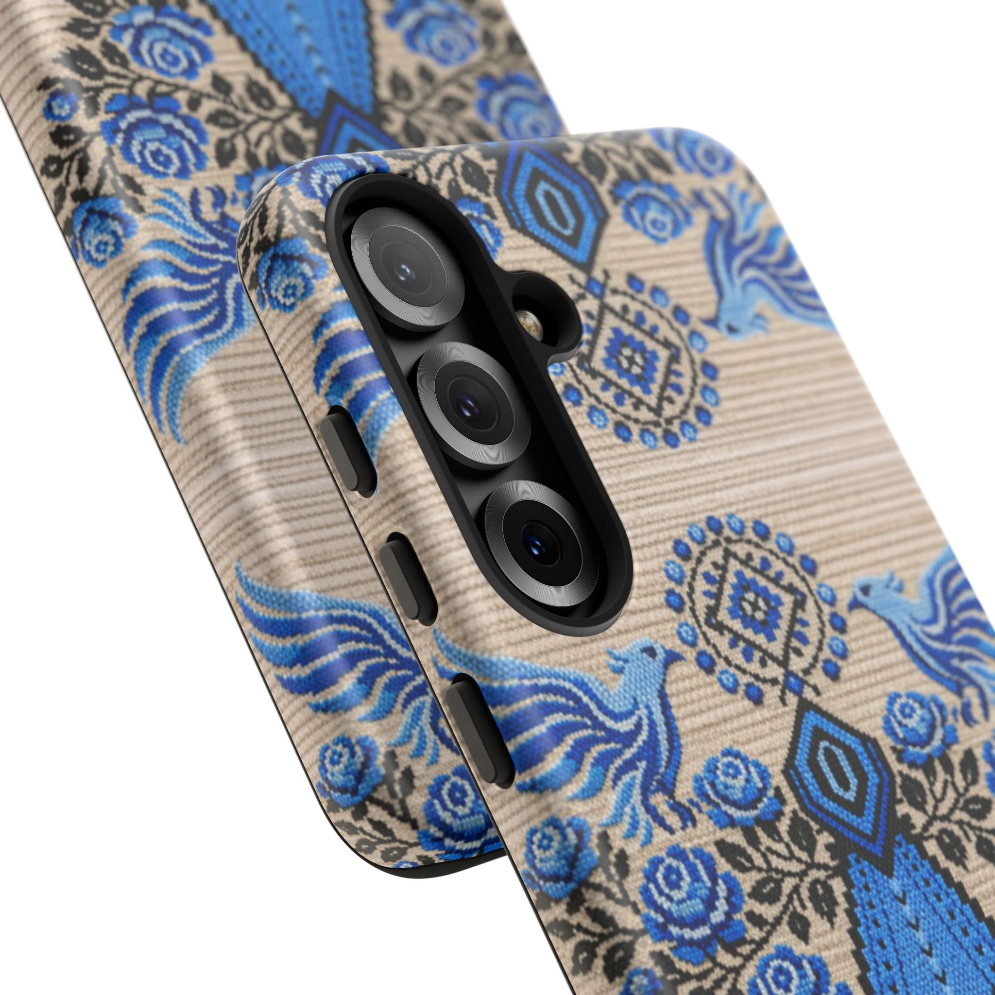 Ukrainian Phone Case  Blue Black Berehynia Design, Falcons & Roses Folk Art, Slavic Embroidery Style Protective Cover