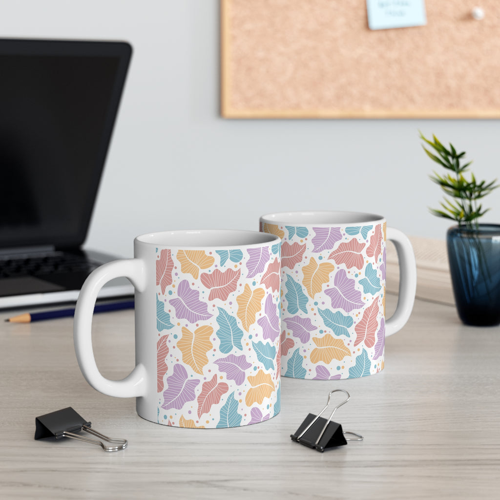 Pastel Leaf Ceramic Mug 11oz - Botanical Coffee Cup, Spring Floral Drinkware, Gift for Her
