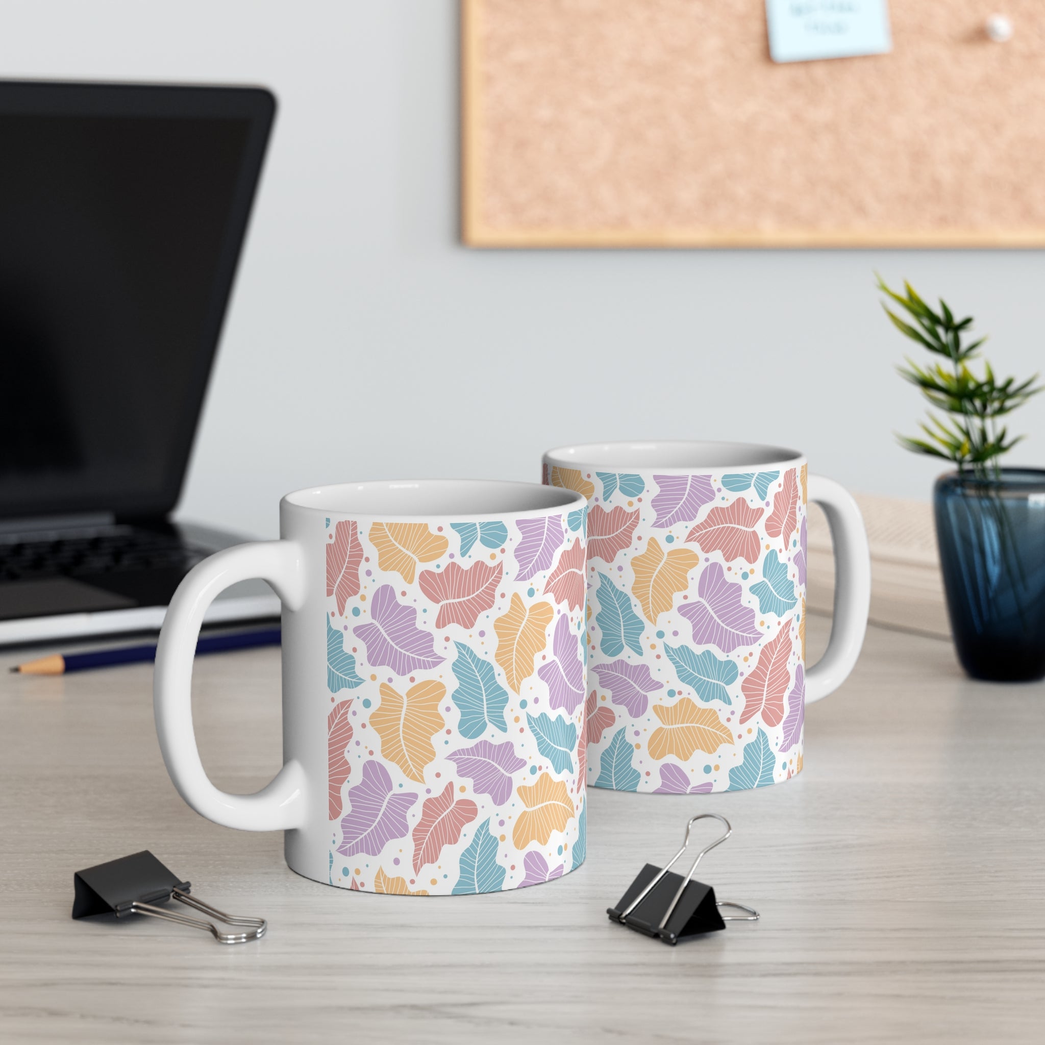 Pastel Leaf Pattern Mug, Colorful Botanical Ceramic Coffee Cup, Home Decor, Gift for parents,  bedroom, housewarming, cottage core,11oz Mug