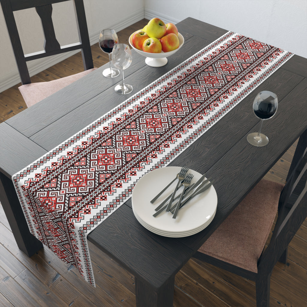 Stasia Red Ukrainian Folk Art Table Runner | Red & Black Geometric Linen | Heritage Gift