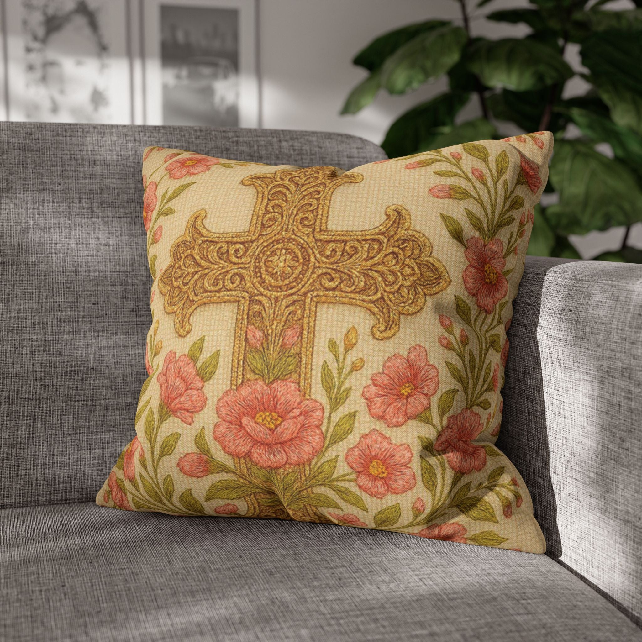 Blessed Home Floral Cross Pillow Case | Vintage Rose Religious Decor | 4 Sizes | Easter & Faith Gift