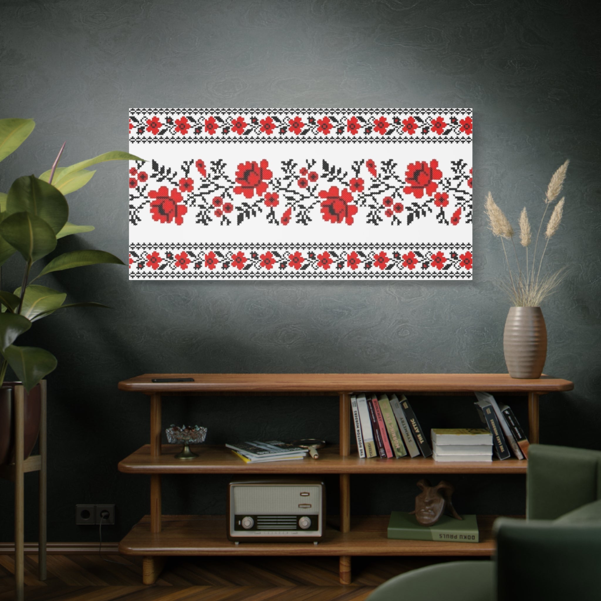 Ukrainian Embroidery Wall Art, Red Black Folk Floral Pattern, Traditional Slavic Home Decor Canvas for Living Room or Entryway, Matte Print, Stretched 1.25" Ready to Hang