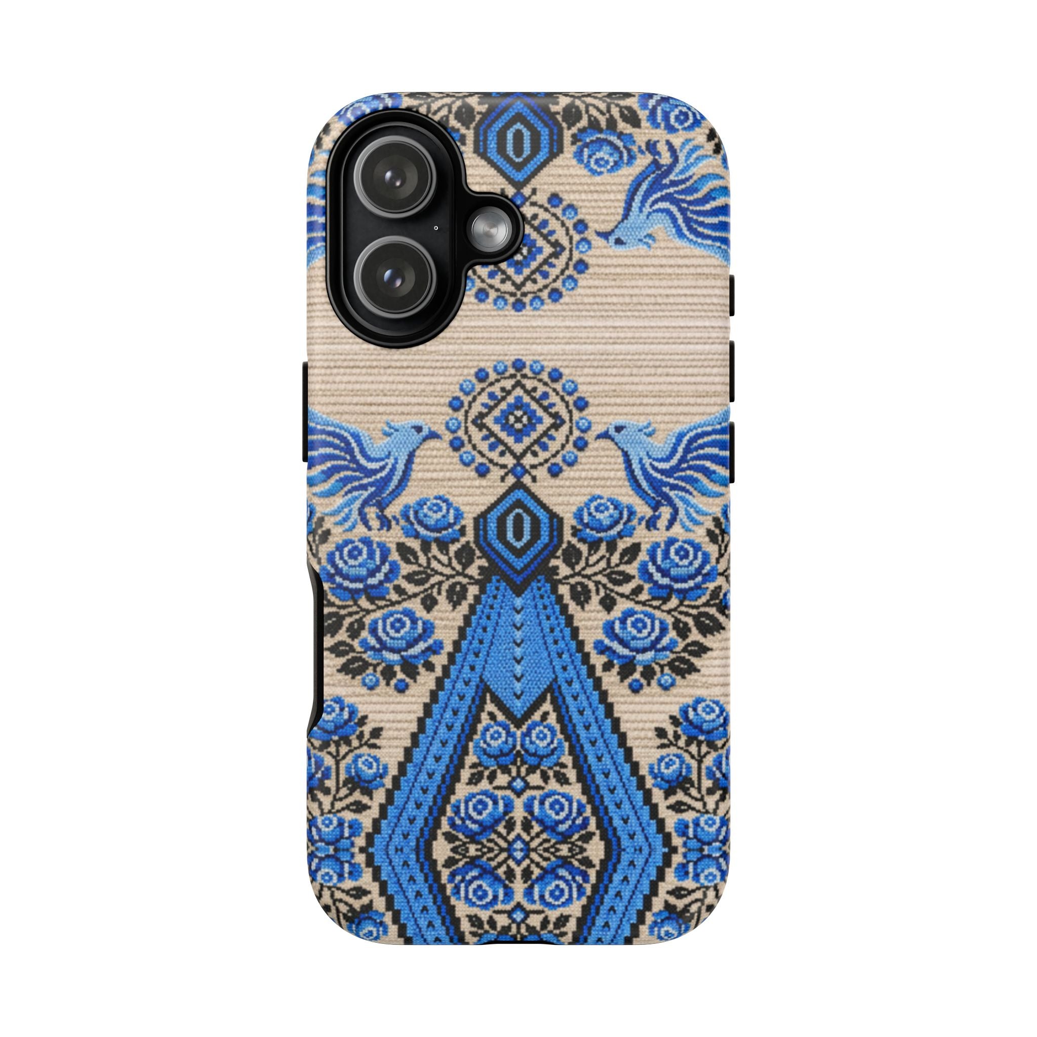 Ukrainian Phone Case  Blue Black Berehynia Design, Falcons & Roses Folk Art, Slavic Embroidery Style Protective Cover