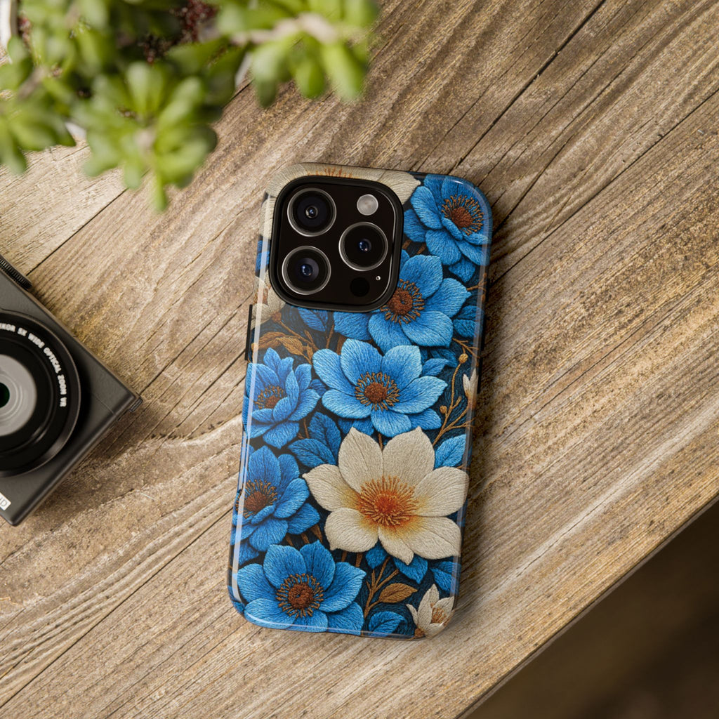 Midnight Symphony Floral Tough Phone Case – Navy Blue & Cream Botanical Cover, Shockproof Dual-Layer Protection