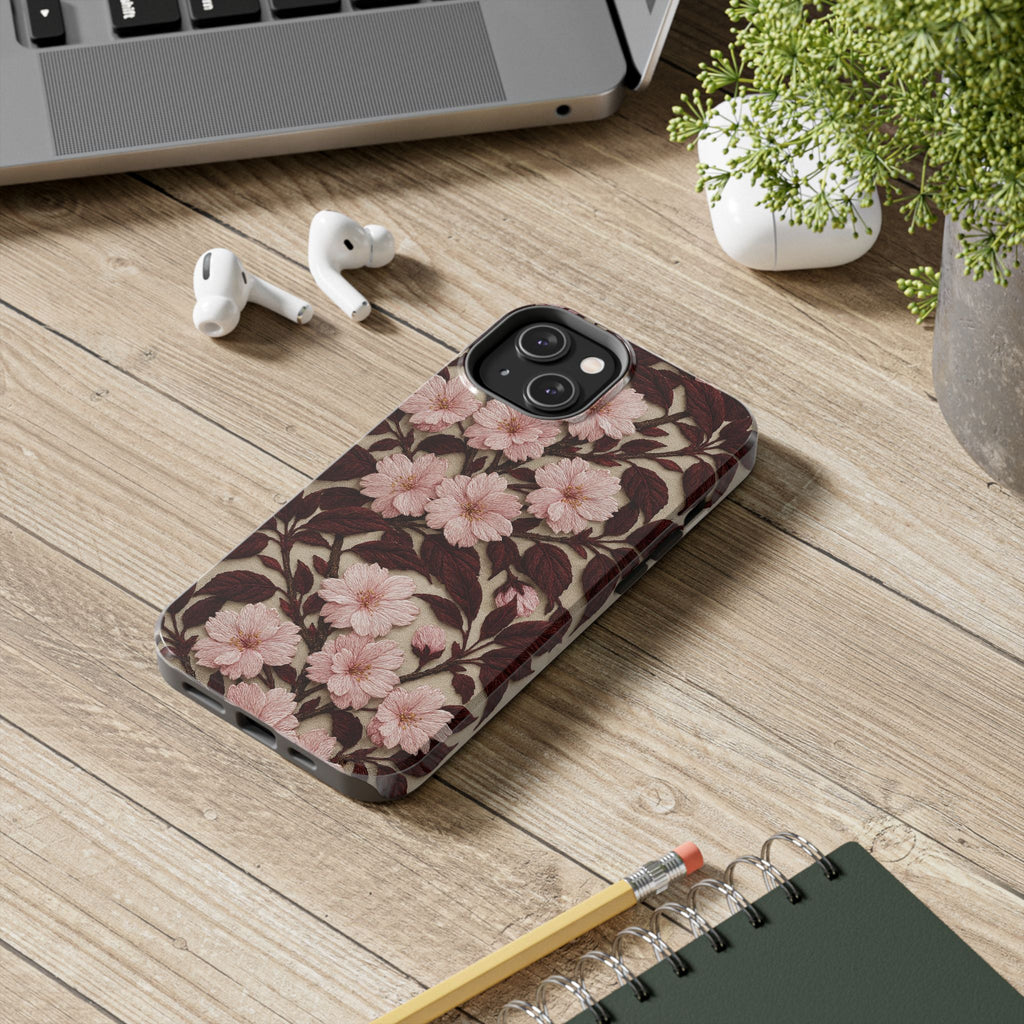 Sakura Noir Tough iPhone Case - Vintage Pink Cherry Blossom, Dark Botanical Floral Cover, Shockproof Gift for Her