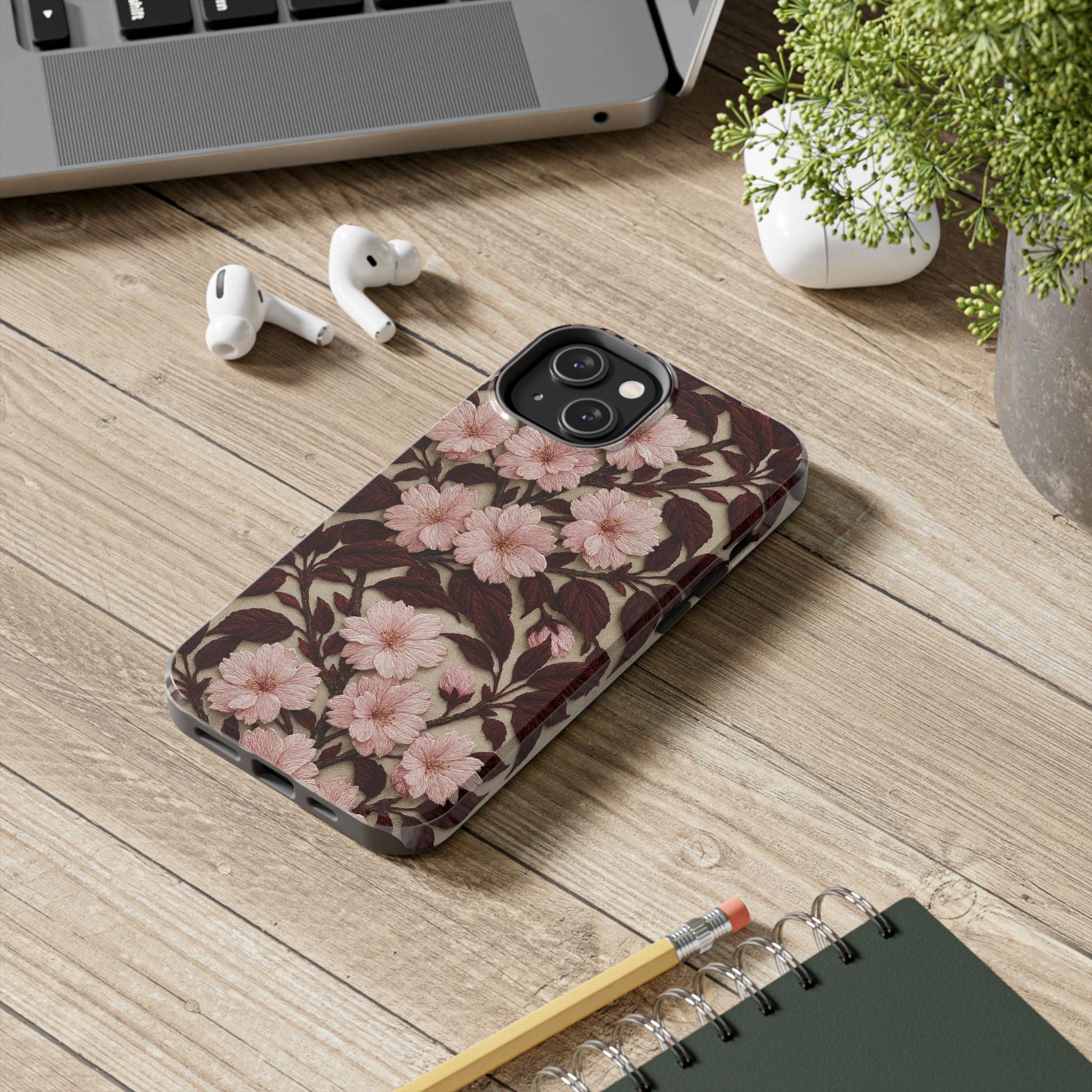Sakura Noir Tough iPhone Case - Vintage Pink Cherry Blossom, Dark Botanical Floral Cover, Shockproof Gift for Her