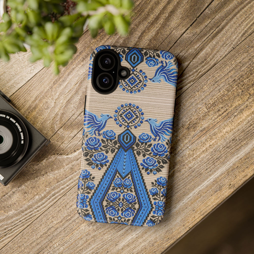 Ukrainian Phone Case  Blue Black Berehynia Design, Falcons & Roses Folk Art, Slavic Embroidery Style Protective Cover