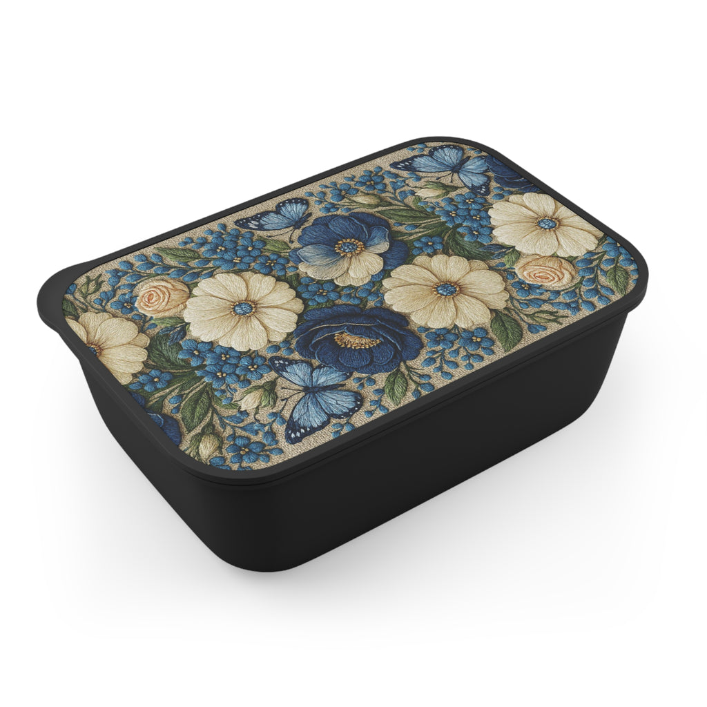 Wild Beauty Floral Bento Box | Blue Cream Botanical Lunch Box | Eco-Friendly PLA with Utensils