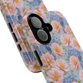 Close-up of a dual-layer tough phone case with a pink peony and blue hydrangea floral pattern from the Soft Provence collection.