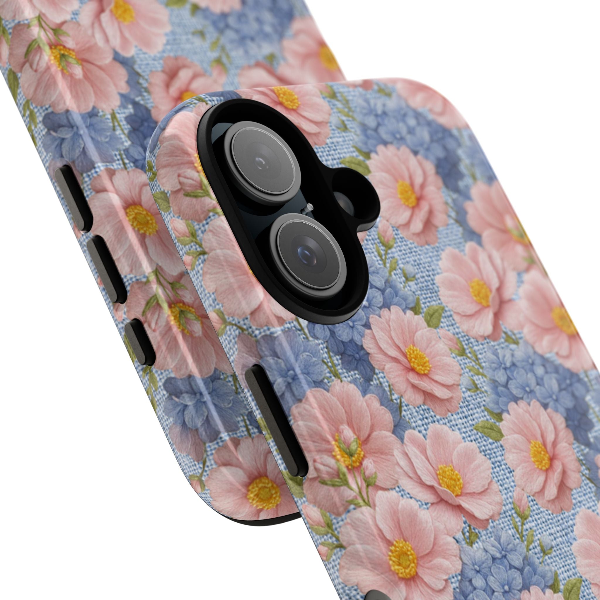 Close-up of a dual-layer tough phone case with a pink peony and blue hydrangea floral pattern from the Soft Provence collection.