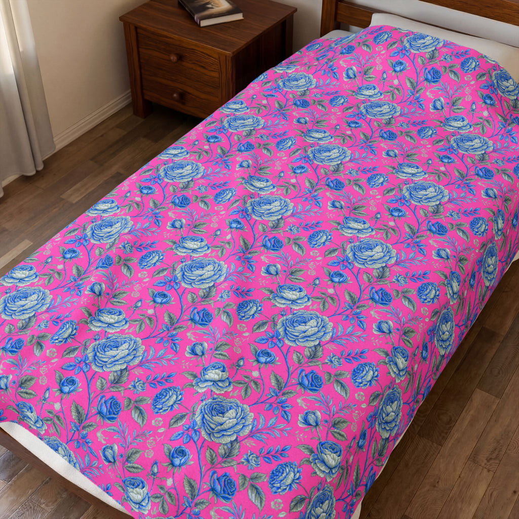 Pink & Blue Floral Velveteen Throw Blanket | Soft Plush Cozy Bedding
