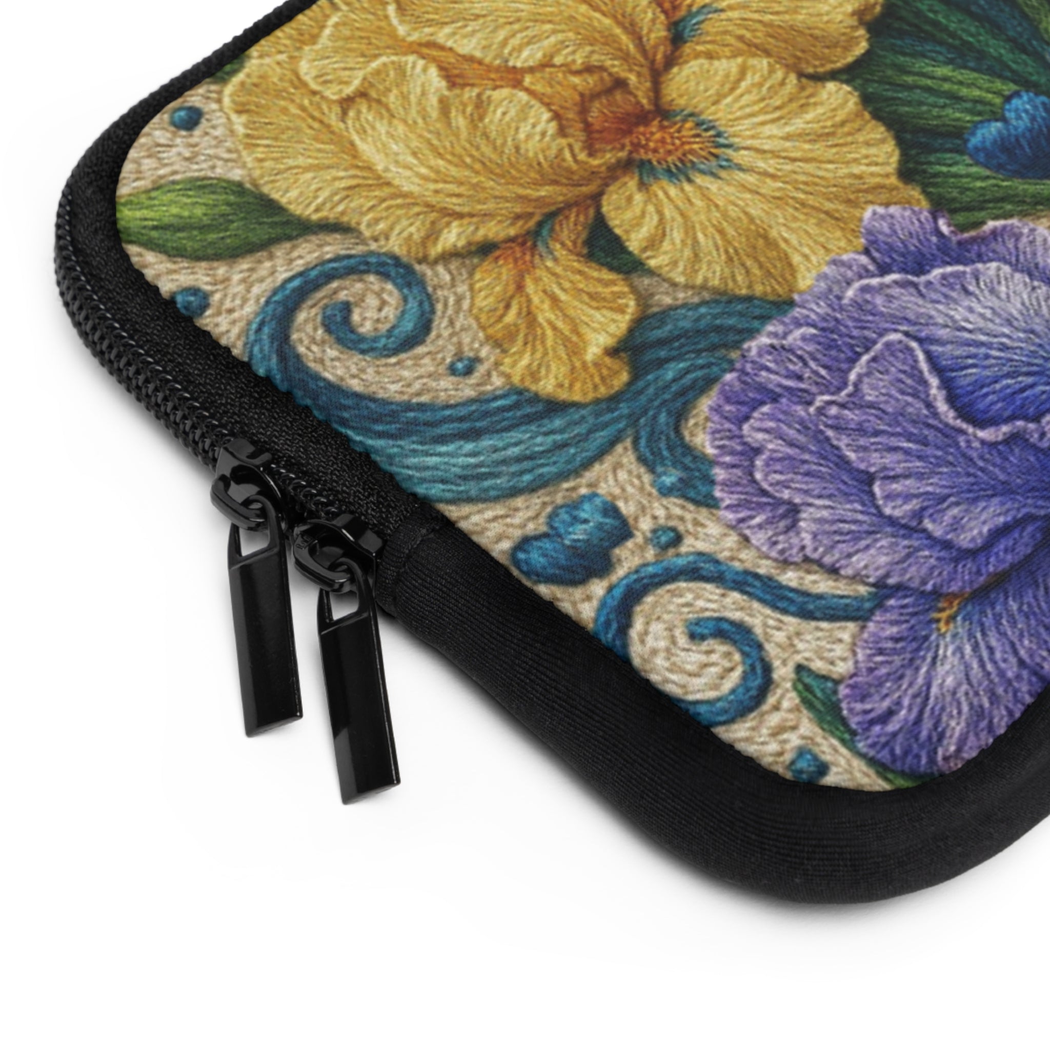 Free Bloom Iris Laptop Sleeve | Yellow Purple Floral Neoprene Case with Zipper | Vintage Botanical Tech Bag