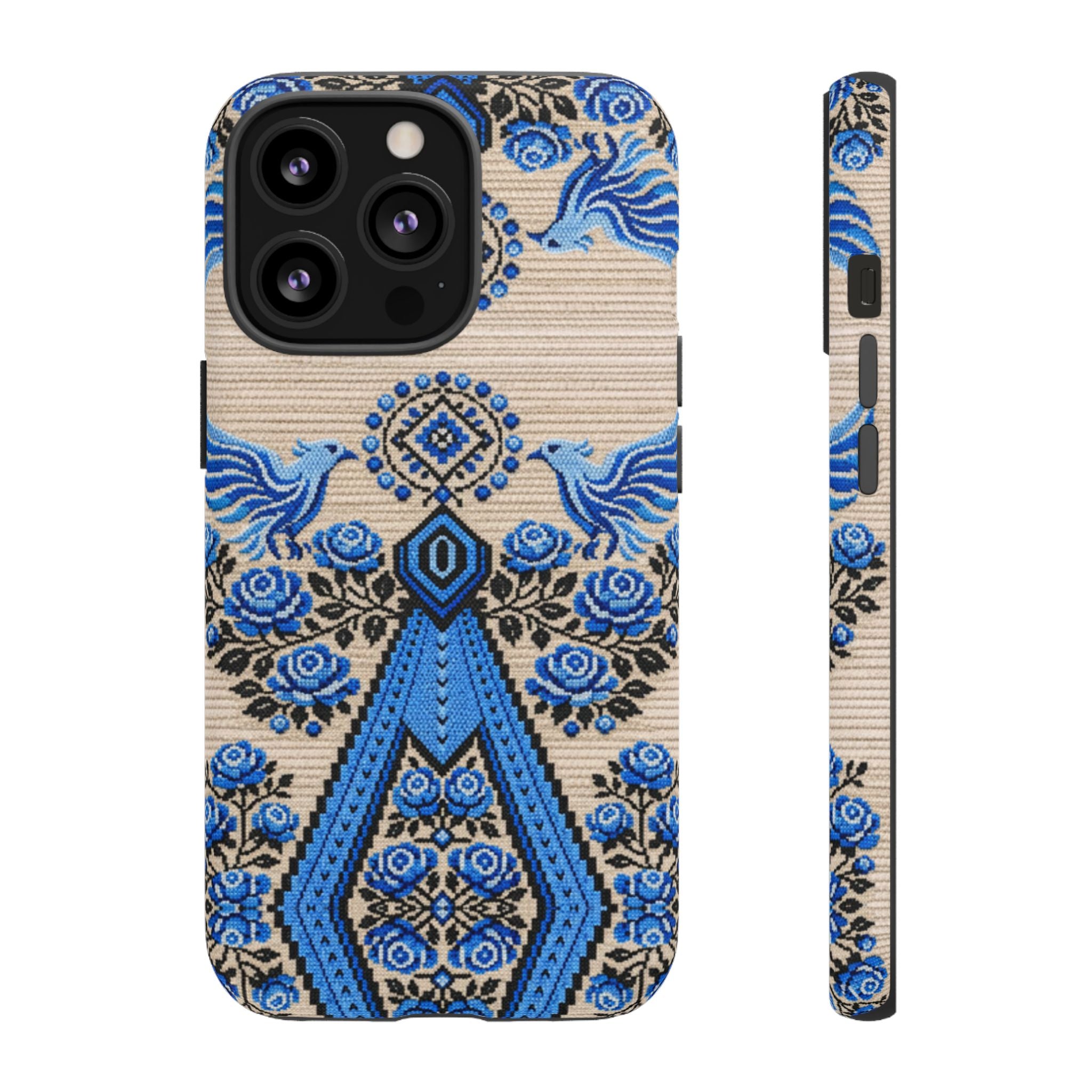 Ukrainian Phone Case  Blue Black Berehynia Design, Falcons & Roses Folk Art, Slavic Embroidery Style Protective Cover