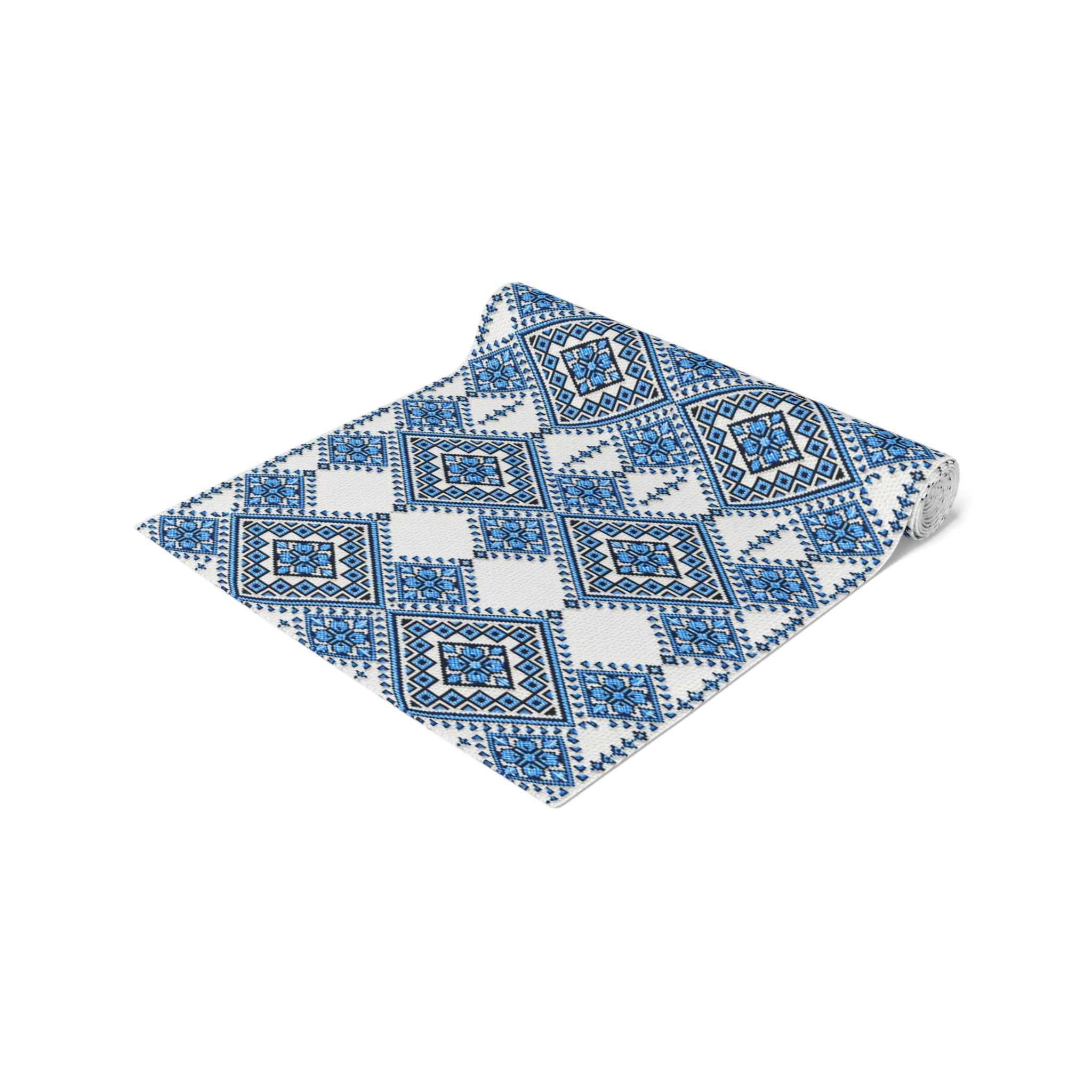 Blue Sky Folk Art Table Runner | Ukrainian Heritage Indigo Geometric Linen