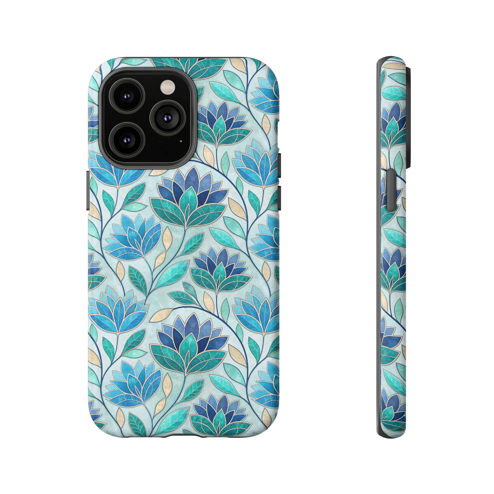 Mosaic iPhone Case, Stained Glass Floral Phone Cover, Teal Blue Protective Case, Matte Glossy Options, Artistic Mosaic Pattern